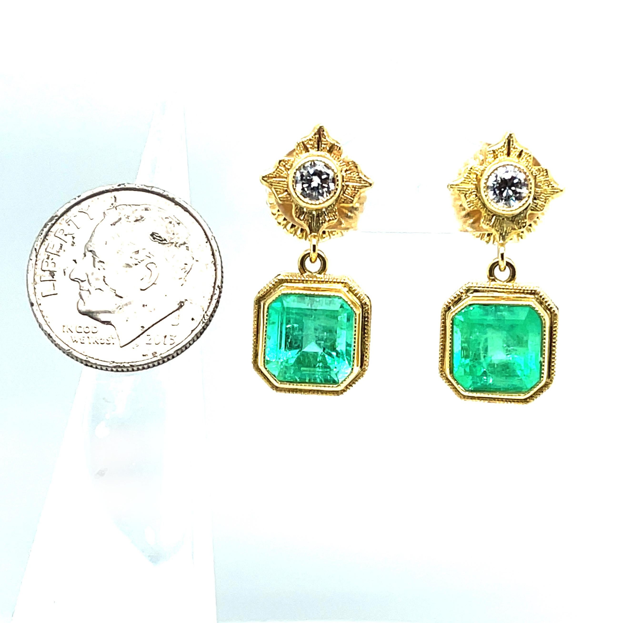 Artisan Emerald and Diamond Drop Earrings in Yellow Gold, 5.09 Carats Total 