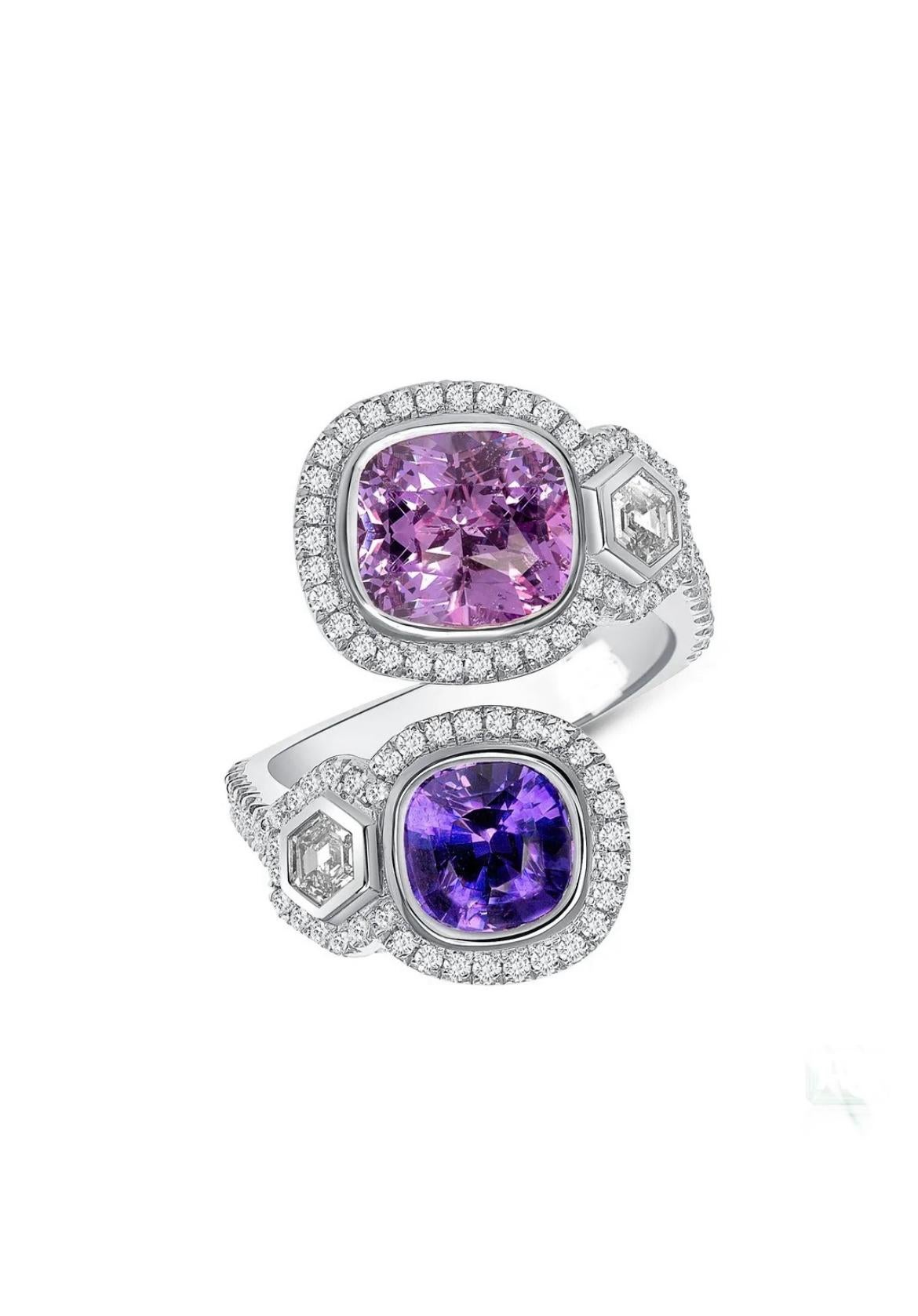 3.19ct Ceylon pink sapphire is paired with 1.90ct Ceylon purple sapphire, highlighted by two hexagonal-cut diamonds weighing a total of 0.30ct and round white diamonds weighing a total of 0.38ct, crafted in our intricate platinum setting.

These