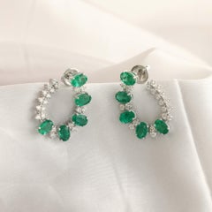 5.09 Carat Zambian Emerald 1.05 Carat SI/H Diamond Earrings 18 Karat White Gold