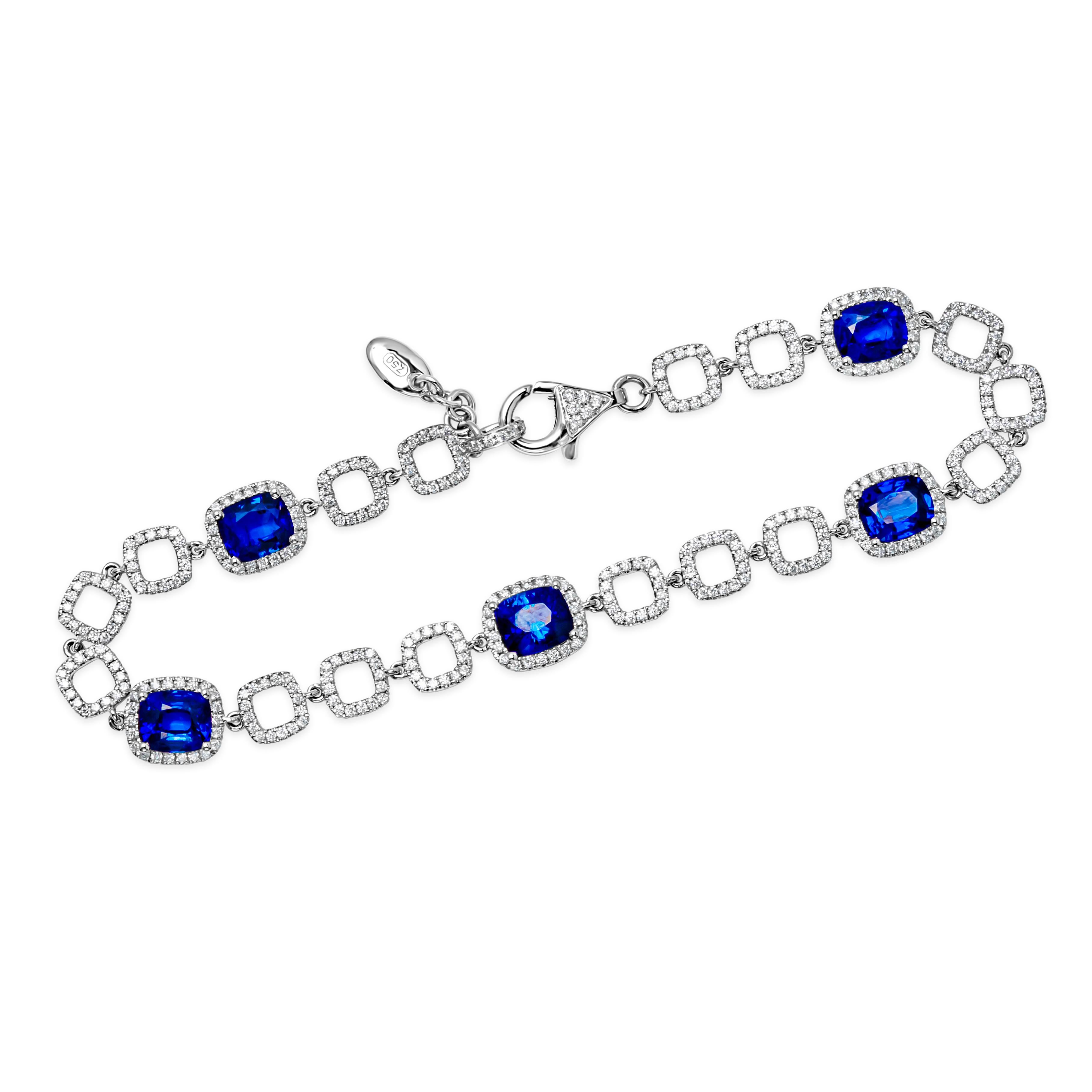 Roman Malakov 5.09 Carats Cushion Cut Sapphire with Diamond Tennis Bracelet For Sale 1