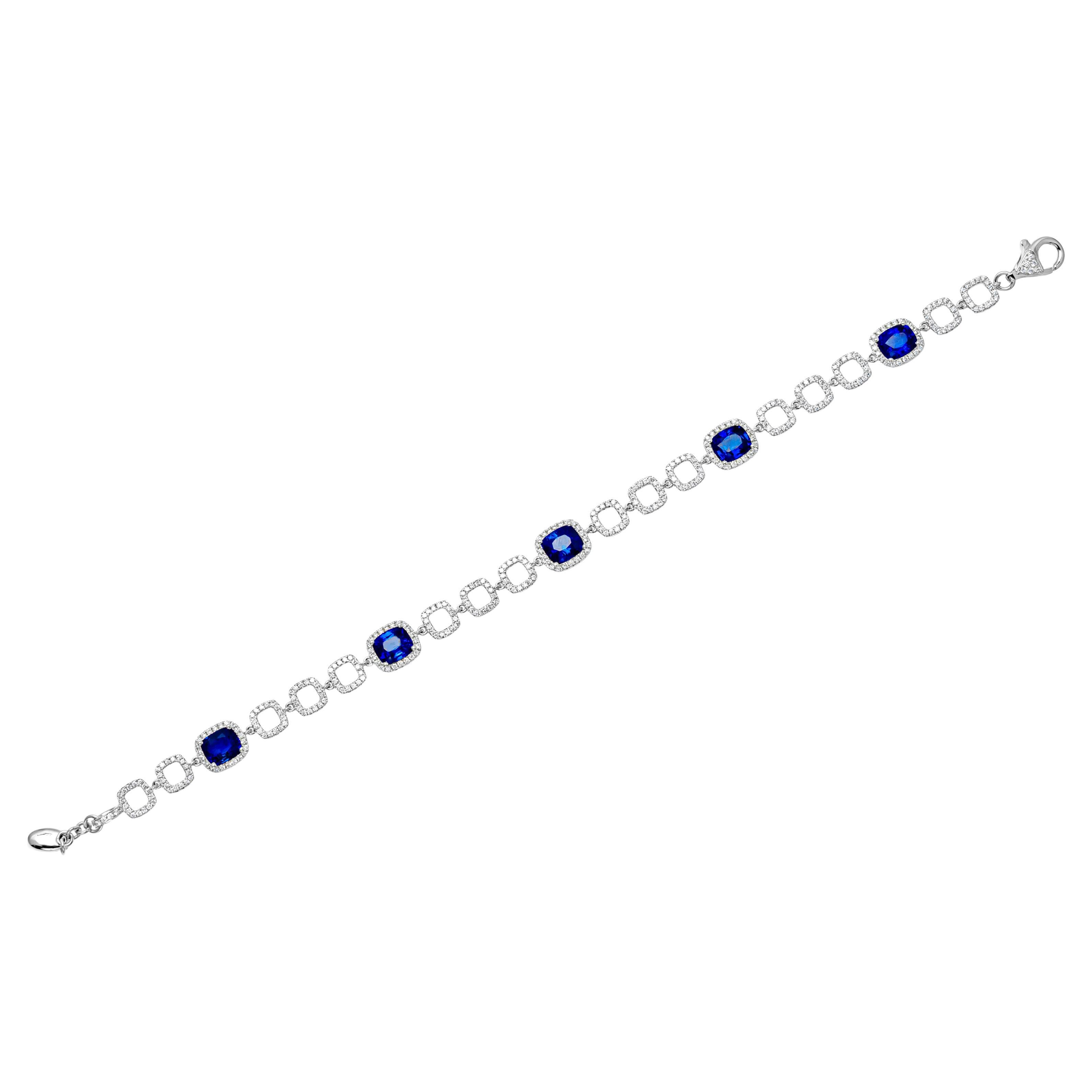 Roman Malakov 5.09 Carats Cushion Cut Sapphire with Diamond Tennis Bracelet For Sale