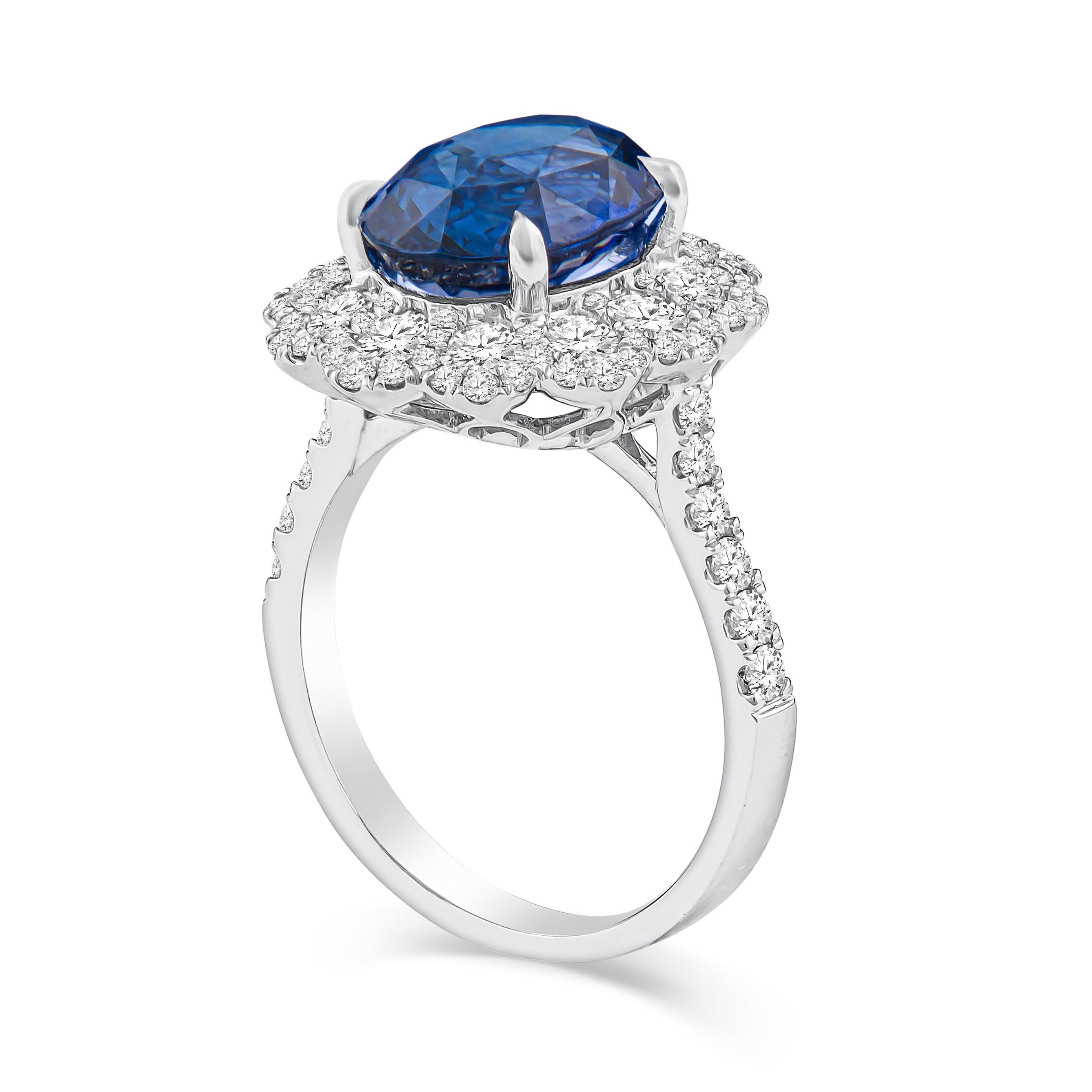 Romantic 5.09 Carat Natural Oval Blue Sapphire 'GIA' Flower Style Diamond Ring, 18 Karat