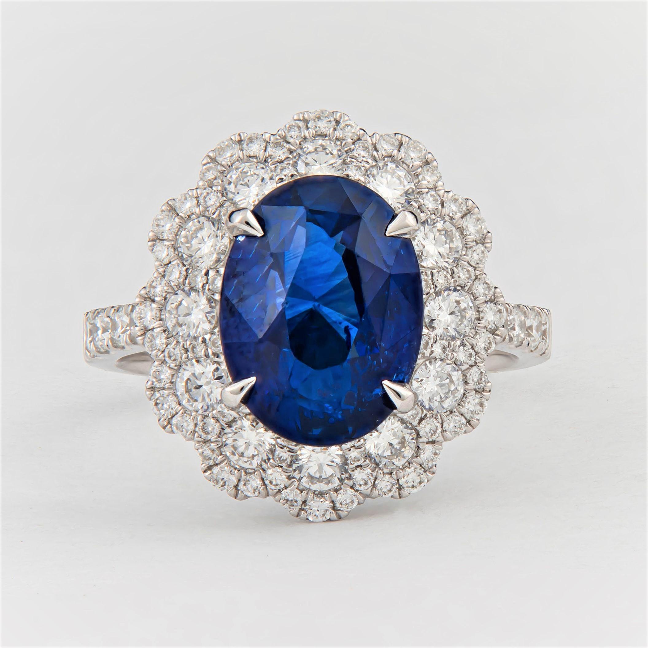 Women's 5.09 Carat Natural Oval Blue Sapphire 'GIA' Flower Style Diamond Ring, 18 Karat