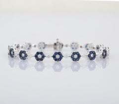 Dainty Sapphire Flower and Diamond Bracelet in 18k Solid White Gold Gift For Her