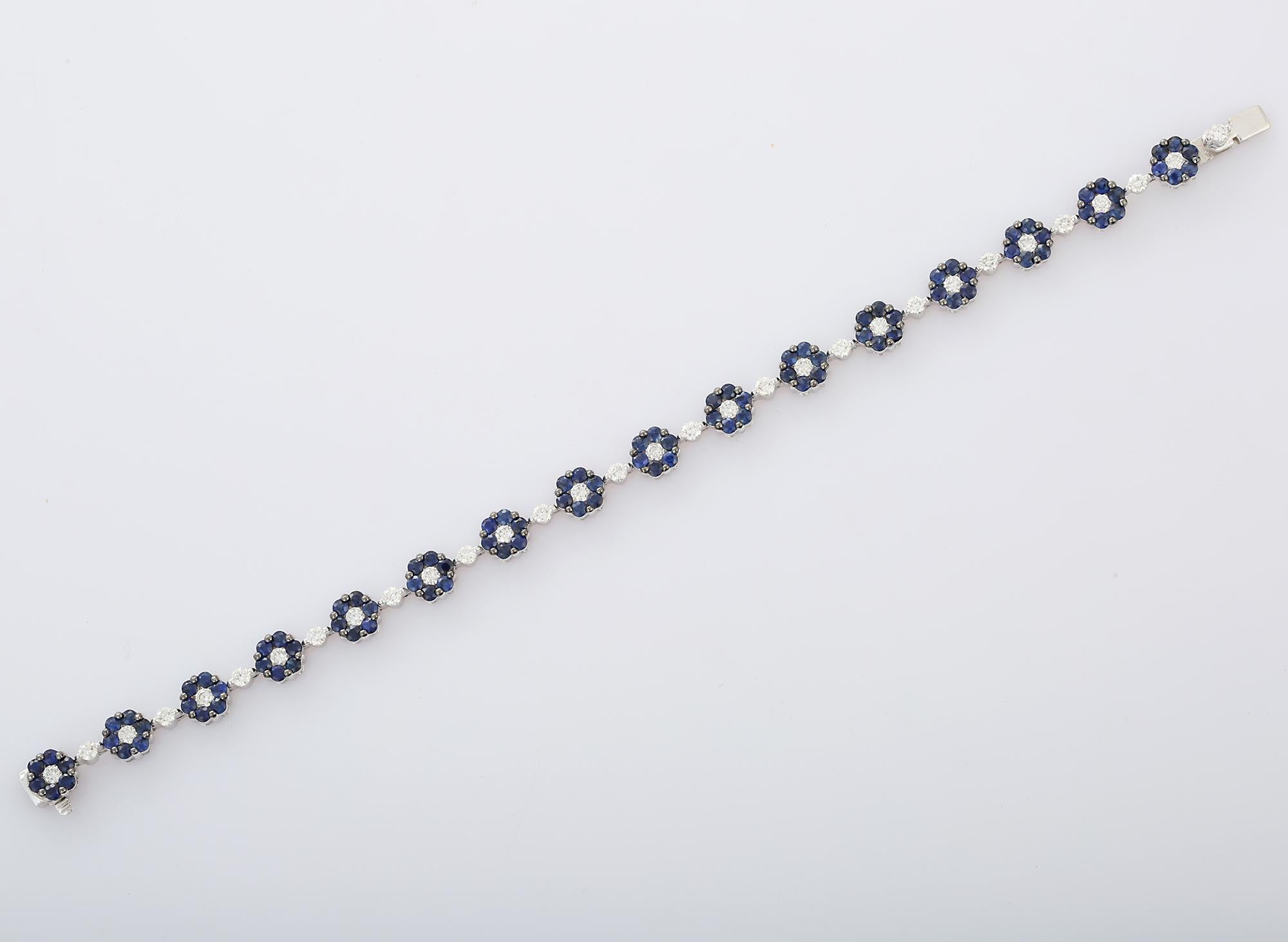 Art Deco Dainty Sapphire Flower and Diamond Bracelet in 18k Solid White Gold Gift For Her For Sale