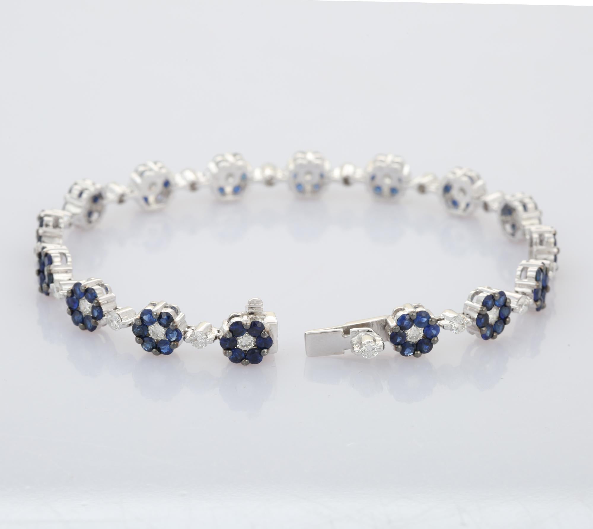Round Cut Dainty Sapphire Flower and Diamond Bracelet in 18k Solid White Gold Gift For Her For Sale
