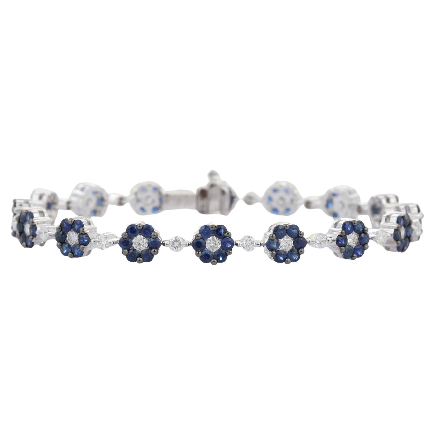 Dainty Sapphire Flower and Diamond Bracelet in 18k Solid White Gold Gift For Her For Sale