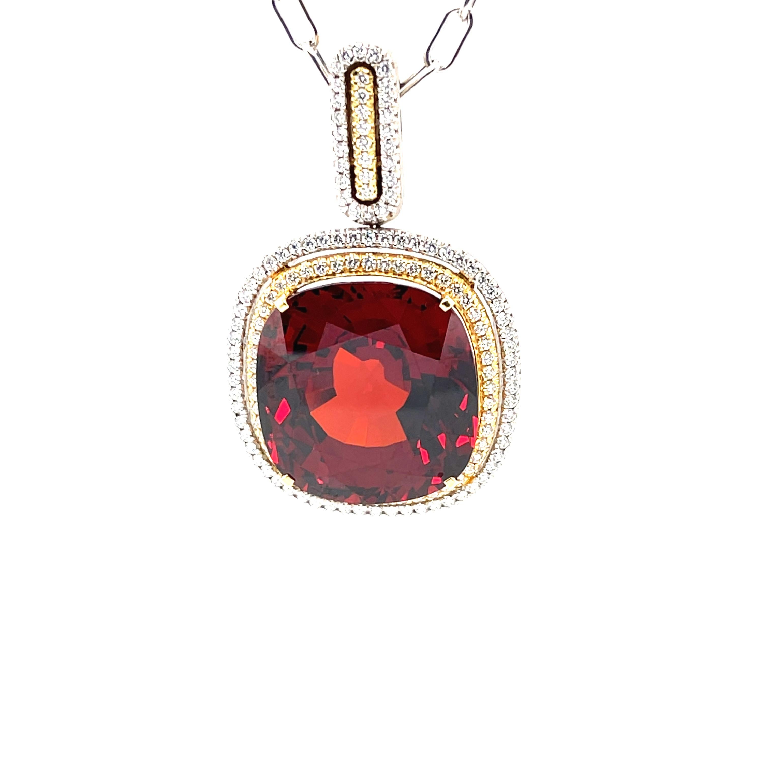 Women's or Men's 50.93 Carat Hessonite Garnet and Diamond Halo Necklace in Yellow and White Gold