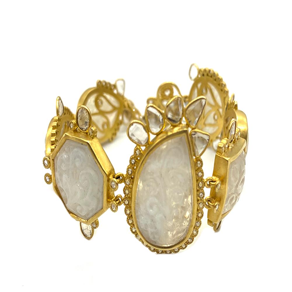 Affinity Bracelet Set in 20K Yellow Gold with 50.96 Carat Carved Moonstone and 2.72 Carat Diamonds. This Smoky and Luminous Style Is Set in 20 Karat Yellow Gold.