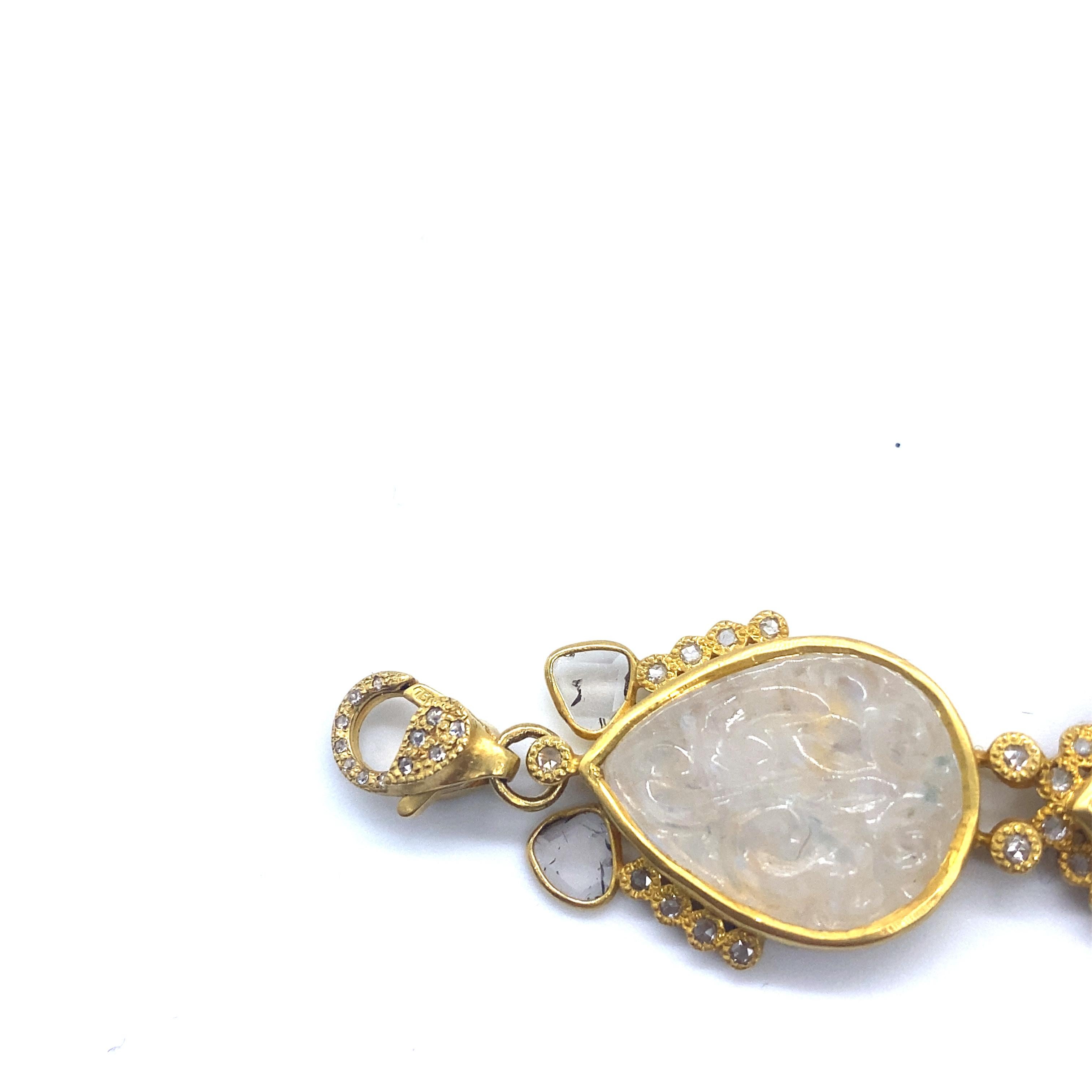 Women's or Men's 50.96 Carat Smoky Carved Moonstone Bracelet with Rose-Cut Diamonds