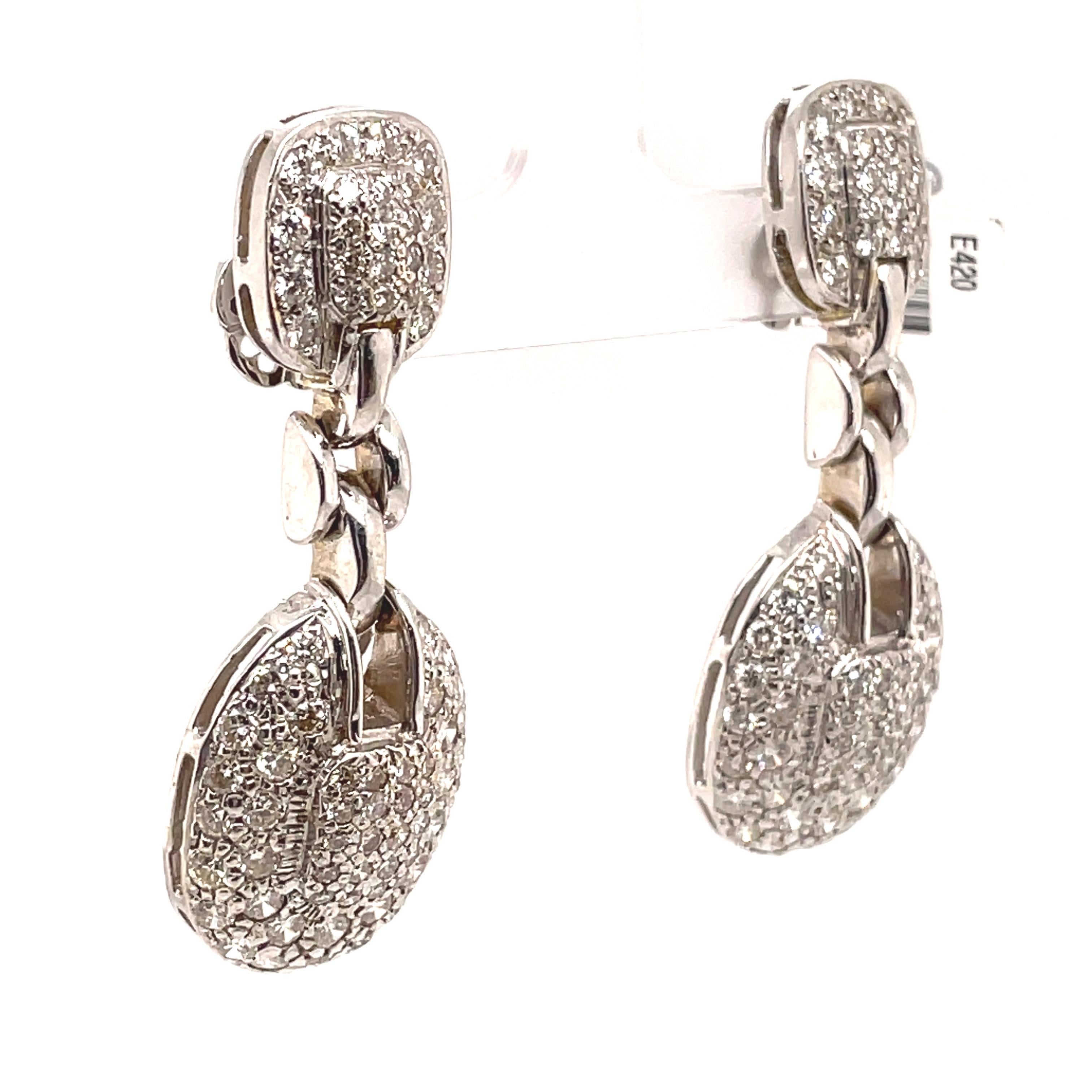 Contemporary 5.09ct Round Diamond Pave Dangle Earrings 18k White Gold For Sale