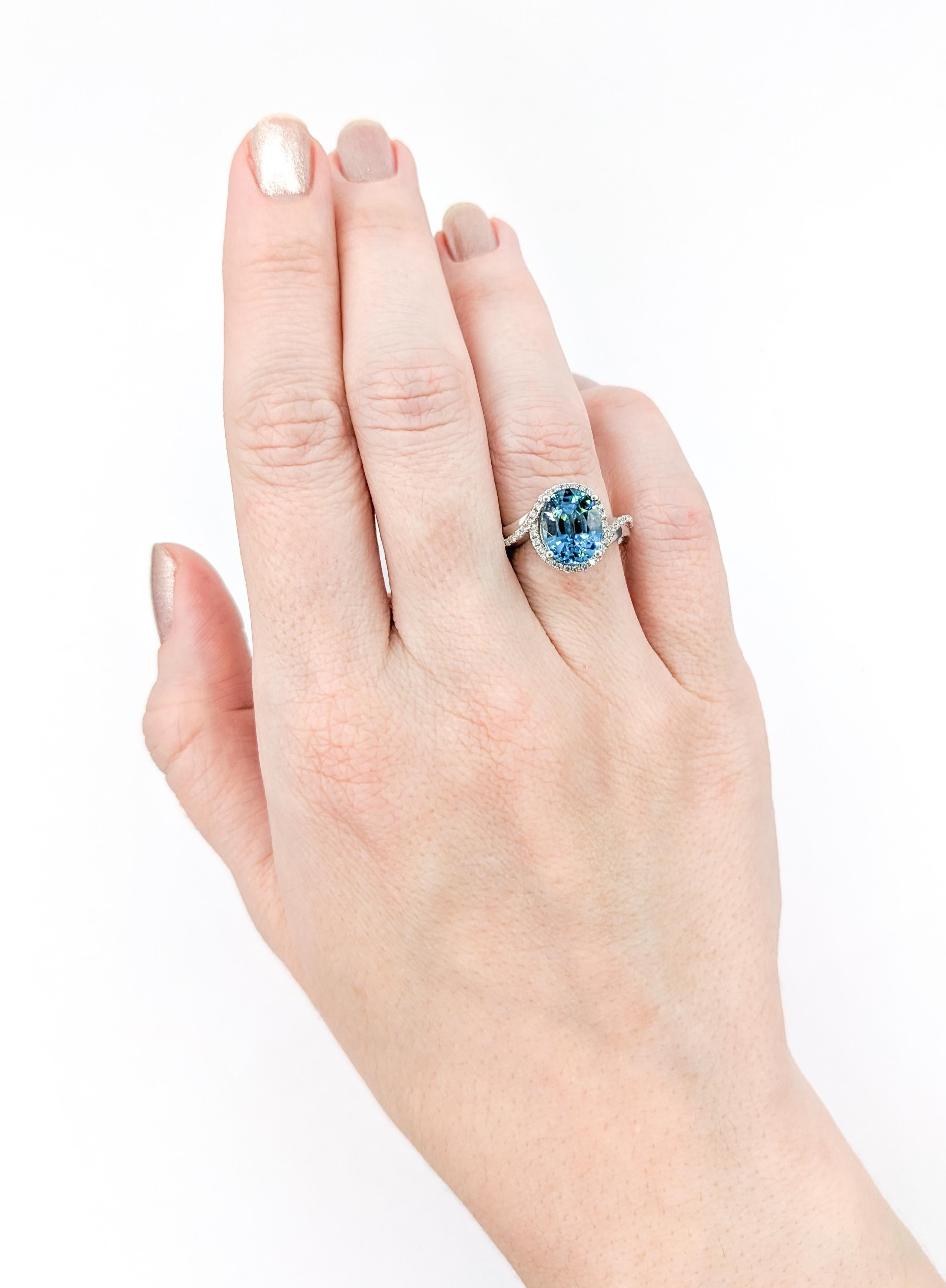 Contemporary 5.0ct Blue Zircon & Diamond Ring In White Gold For Sale