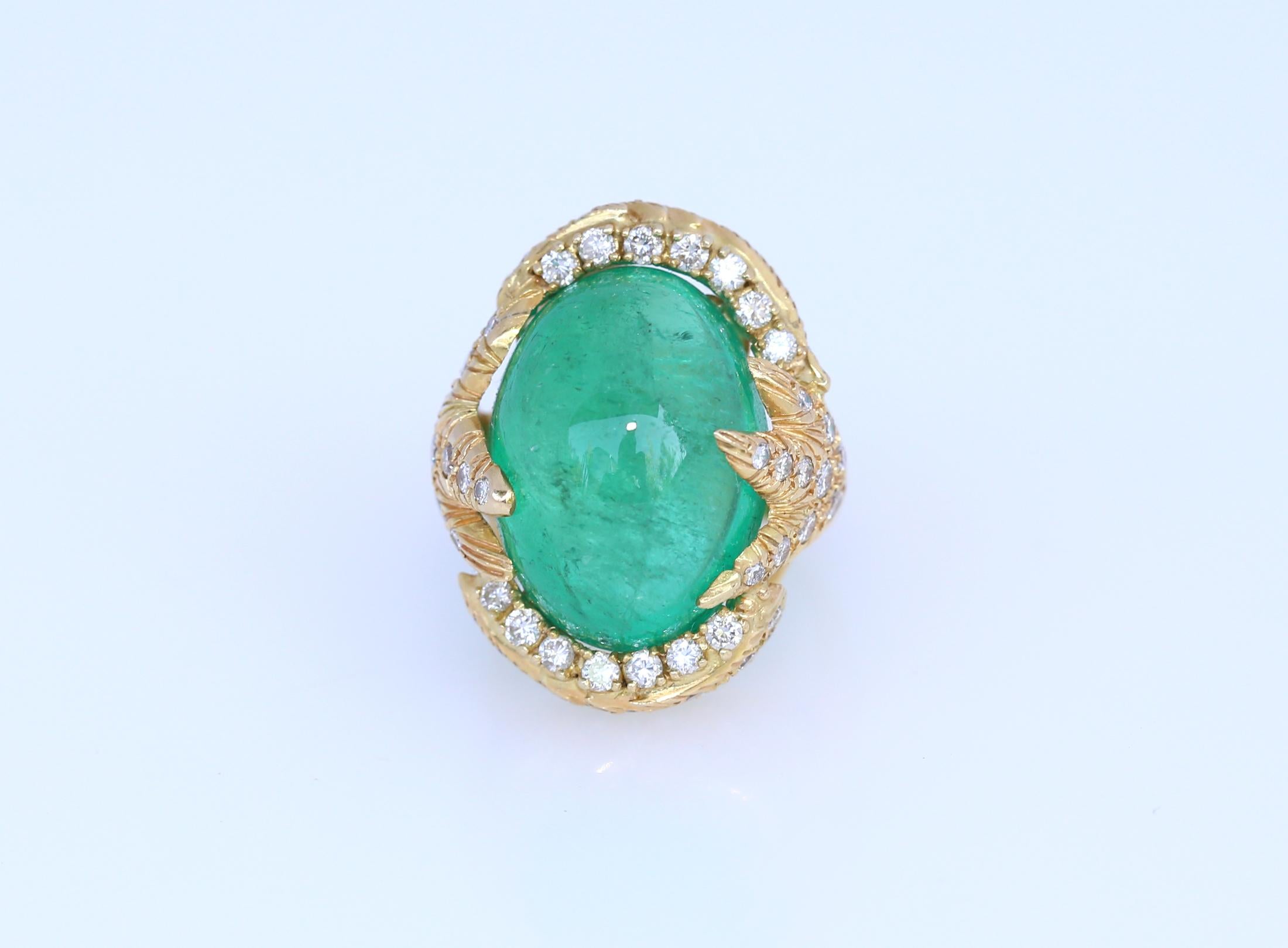 Round Cut 50 Carat Cabochon Emerald Diamonds 18 Karat Gold Ring Whimsical