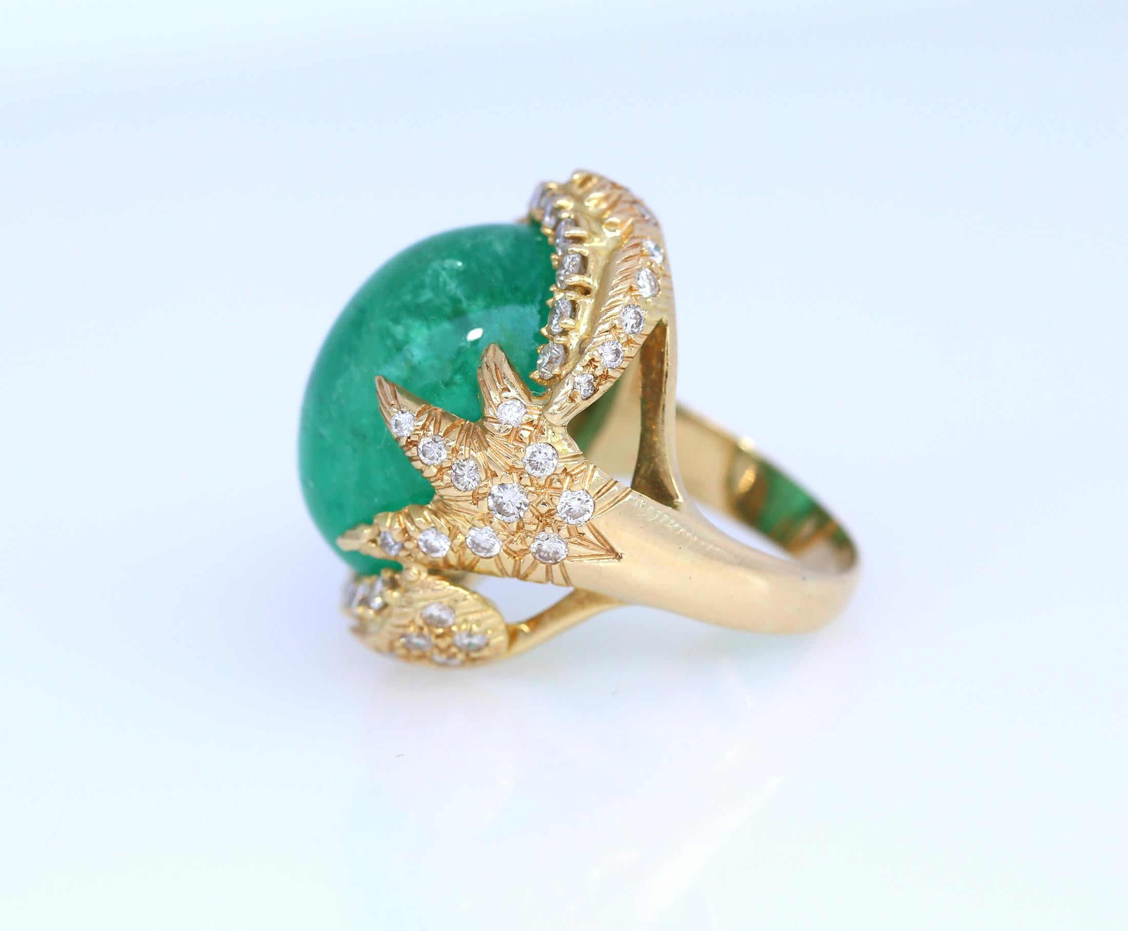 50 Carat Cabochon Emerald Diamonds 18 Karat Gold Ring Whimsical In Good Condition In Herzelia, Tel Aviv