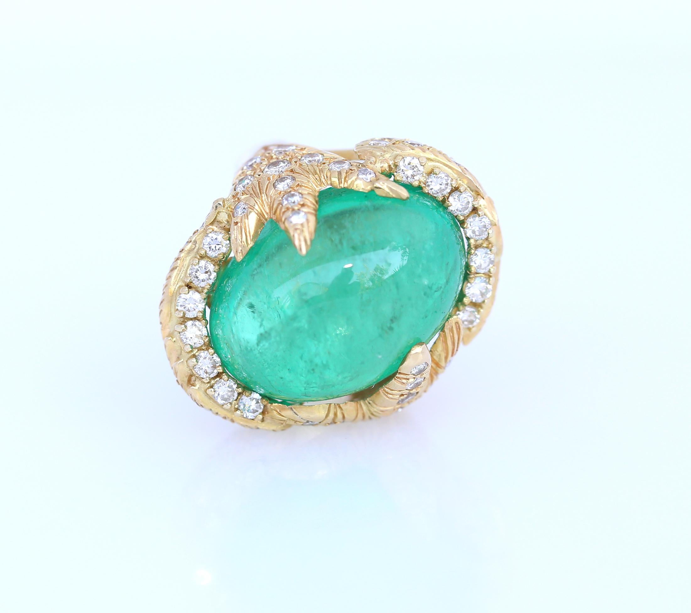 50 Carat Cabochon Emerald Diamonds 18 Karat Gold Ring Whimsical 3