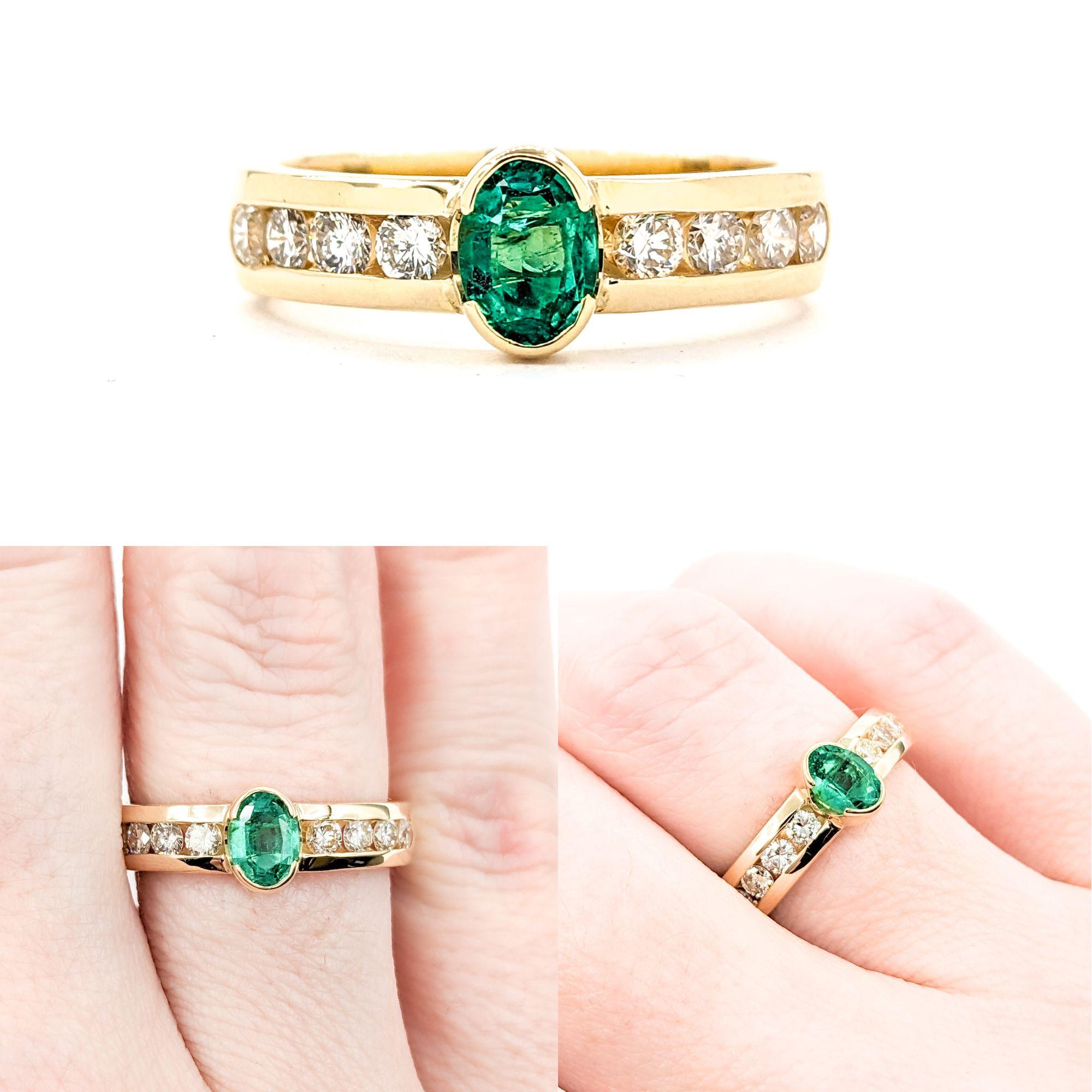 .50ct Emerald & .40ctw Diamond Ring In Yellow Gold

Introducing this stunning ring crafted in 14kt yellow gold. It showcases a .50ct Emerald centerpiece, beautifully complemented by .40ctw round diamonds. These diamonds, sparkling with SI clarity