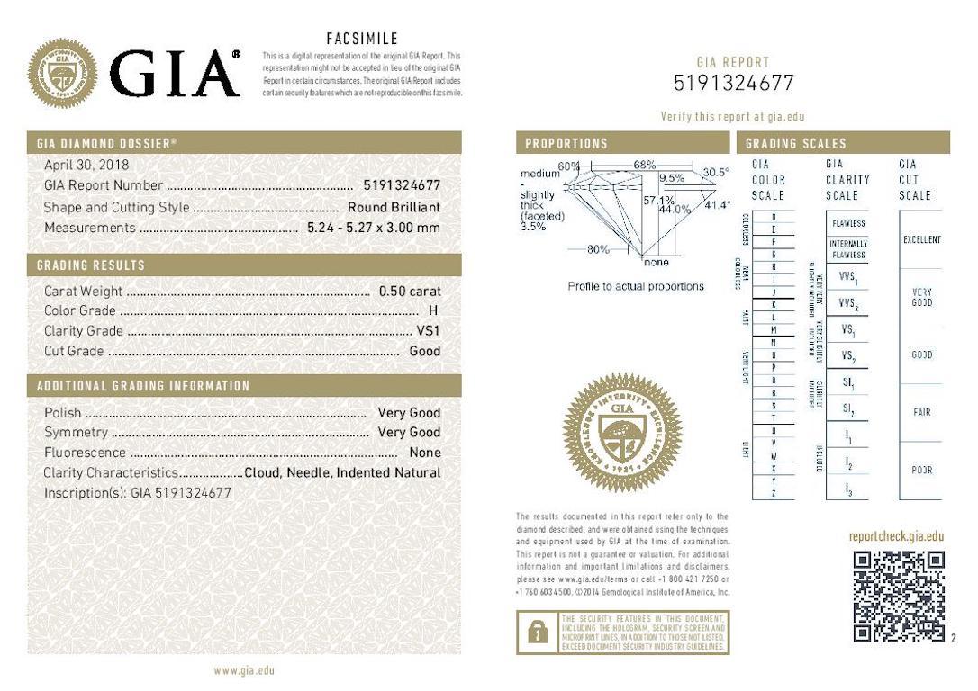 Shape/Cut: Round Brilliant 
Clarity: VS1 
Color: H 
Dimensions (mm): 5.24 - 5.27 x 3.00 mm
Weight: 0.50ct 

GIA Report Number: 5191324677

Please check out the enlarged pictures.

Thank you for taking the time to read our description. If you have