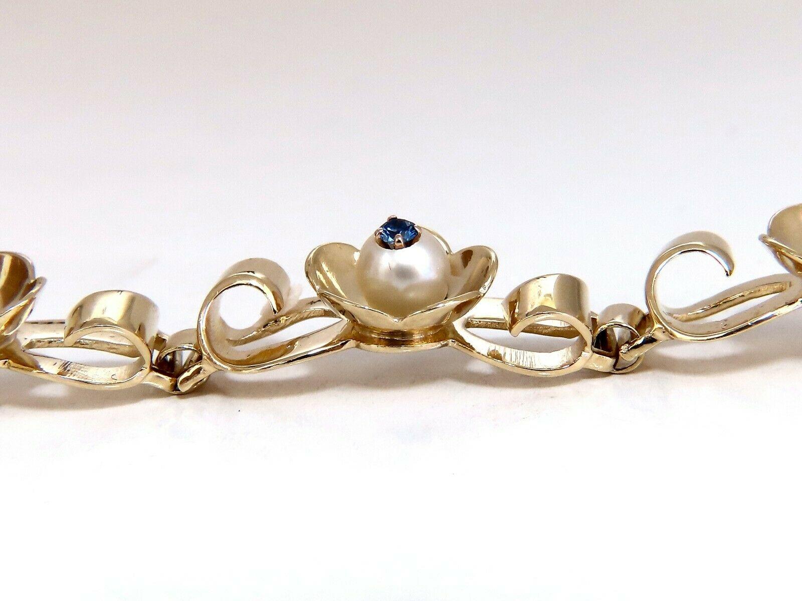 Round Cut .50ct Natural Sapphires Within Pearls Vintage Clover Bracelet 14 Karat Vintage For Sale