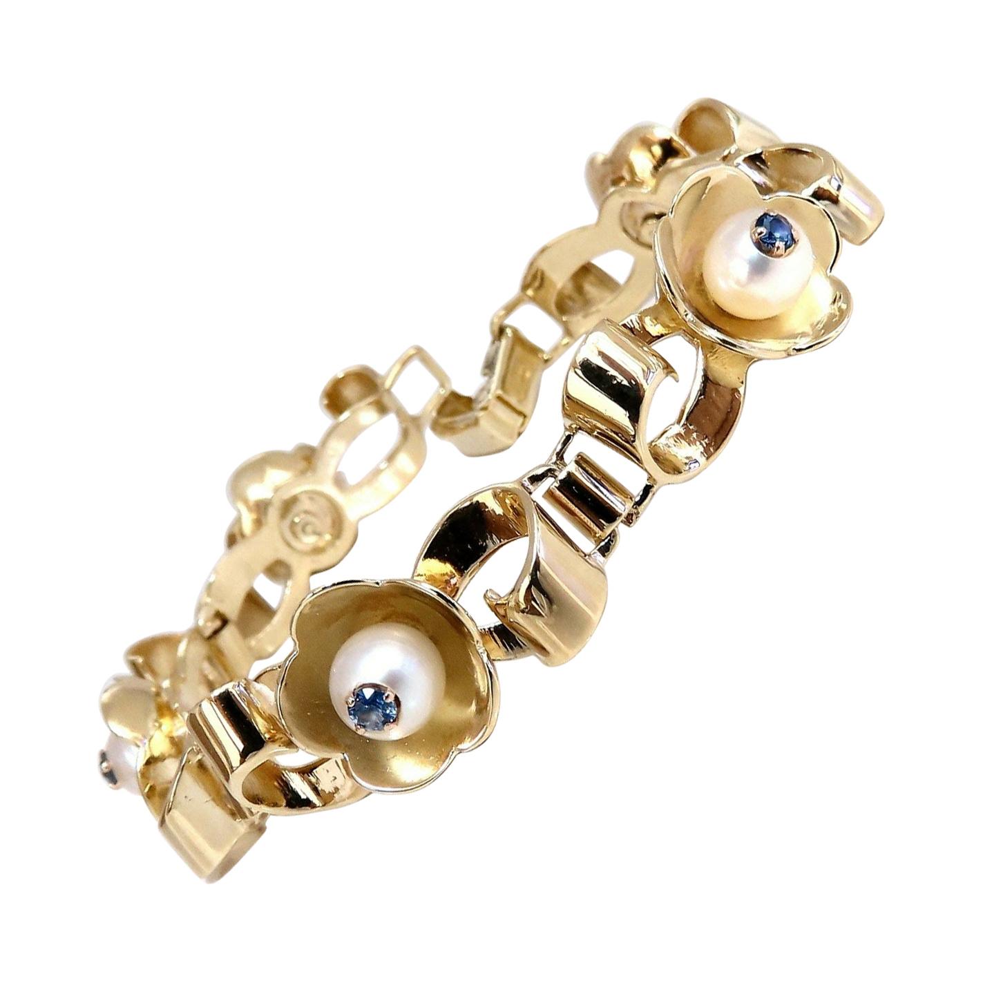 .50ct Natural Sapphires Within Pearls Vintage Clover Bracelet 14 Karat Vintage For Sale