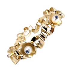 Bracelet trèfle vintage en or 14 carats avec perles et saphirs naturels de 0,50 carat