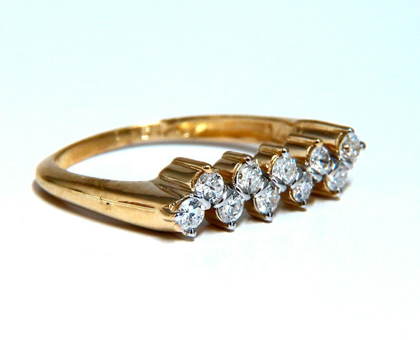 Staggered Diamonds Flat Band.

.50ct. Natural round cut brilliant diamonds

Durable Built.

Vs-2 clarity  G color.

14kt yellow gold.

2.8 Grams

Overall ring: 5.4mm diameter

Depth: 3.1mm

Current ring size: 8

May professionally resize, please