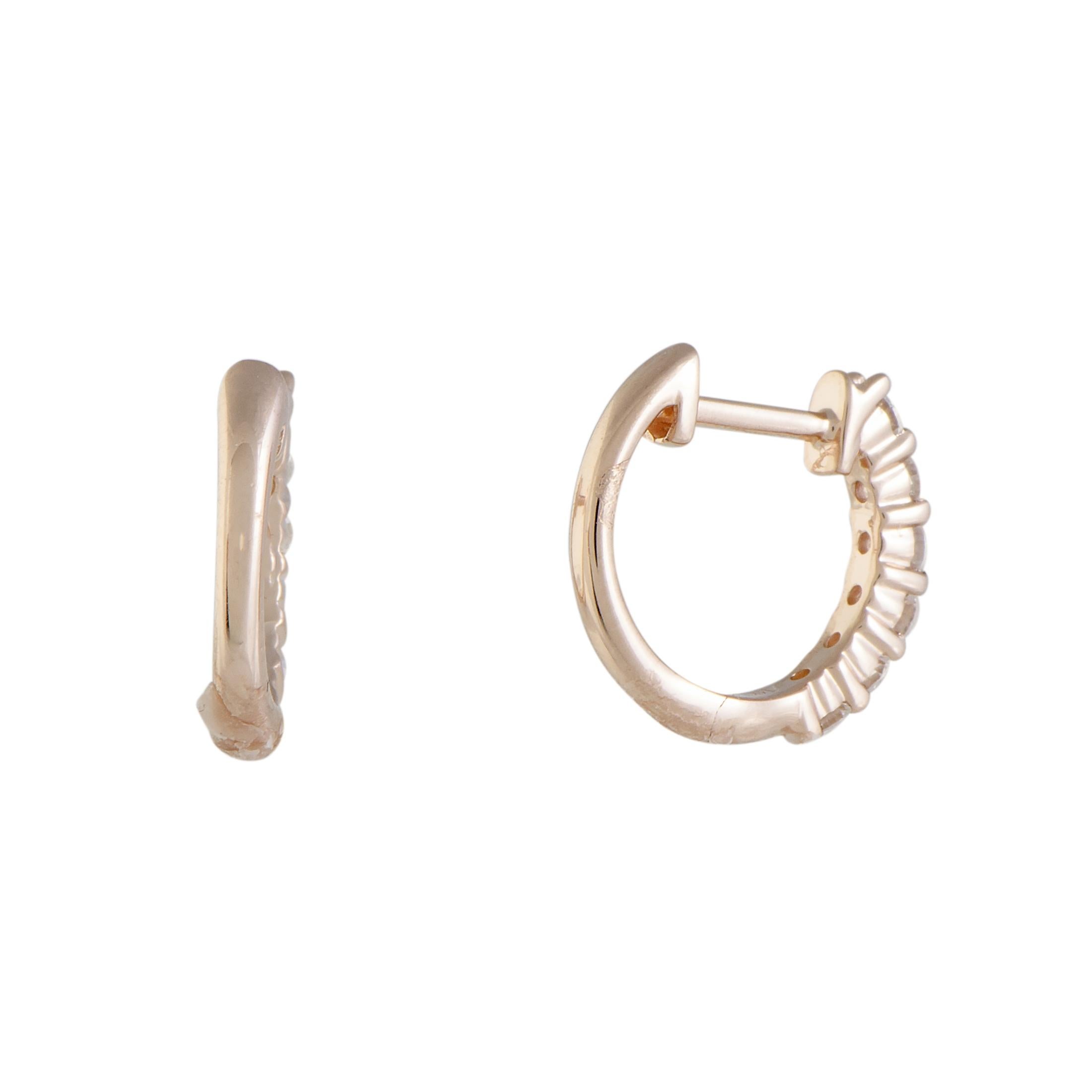 Round Cut .50 Carat Small 14 Karat Rose Gold 6-Diamond Tiny Round Hoop Earrings For Sale