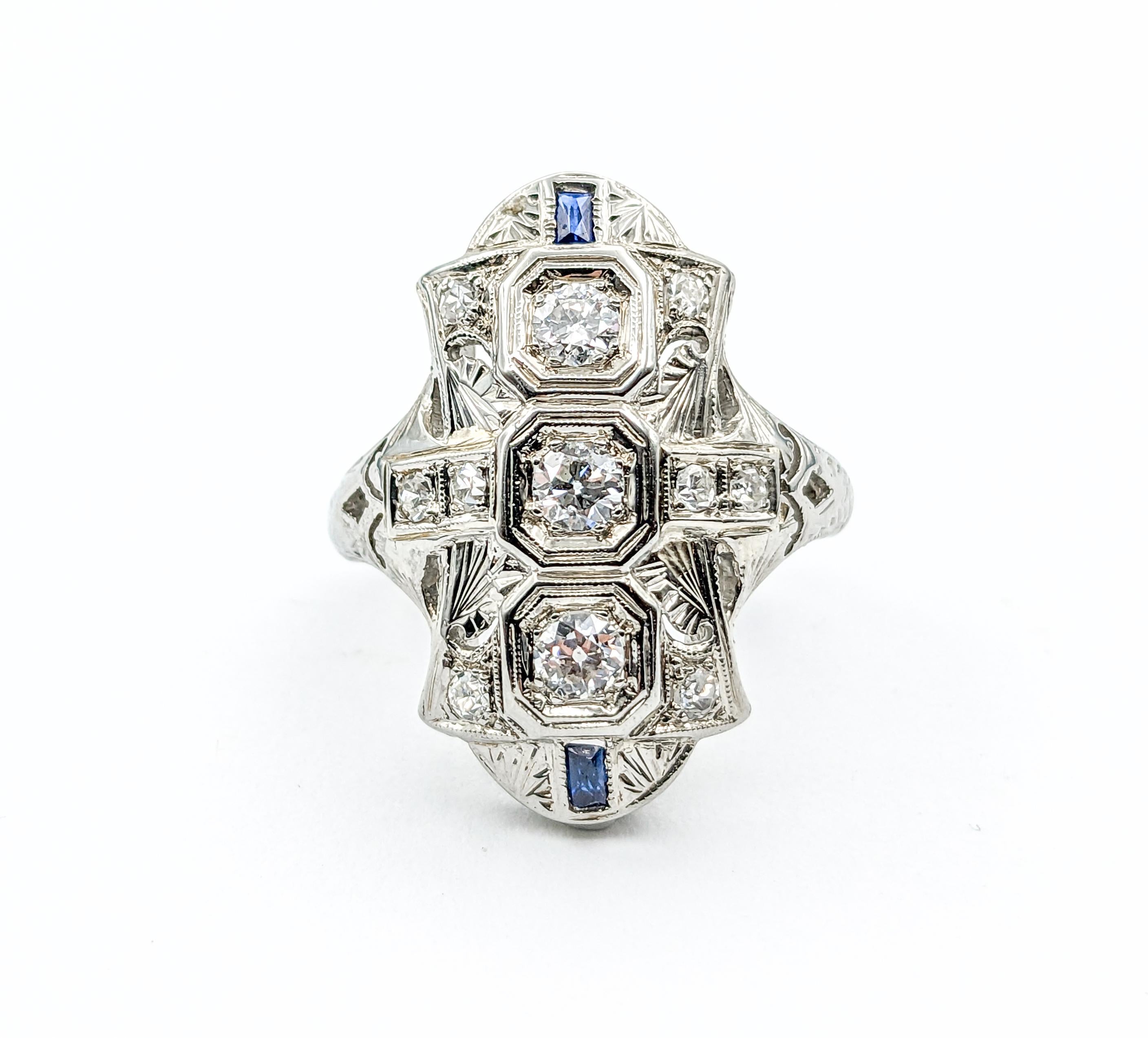 .50ctw Old European Diamond & Sapphires Ring In White Gold For Sale 6