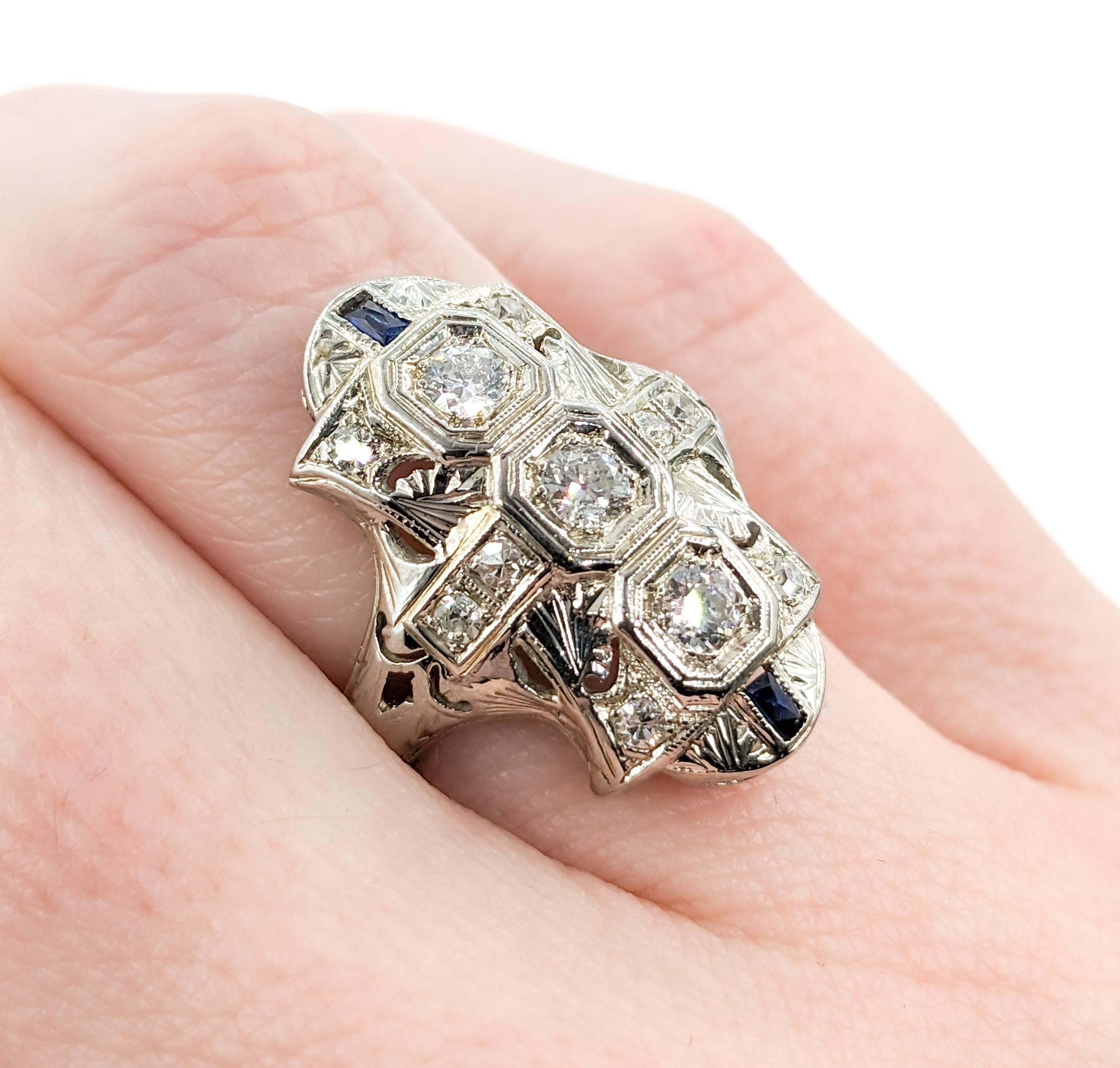 Round Cut .50ctw Old European Diamond & Sapphires Ring In White Gold