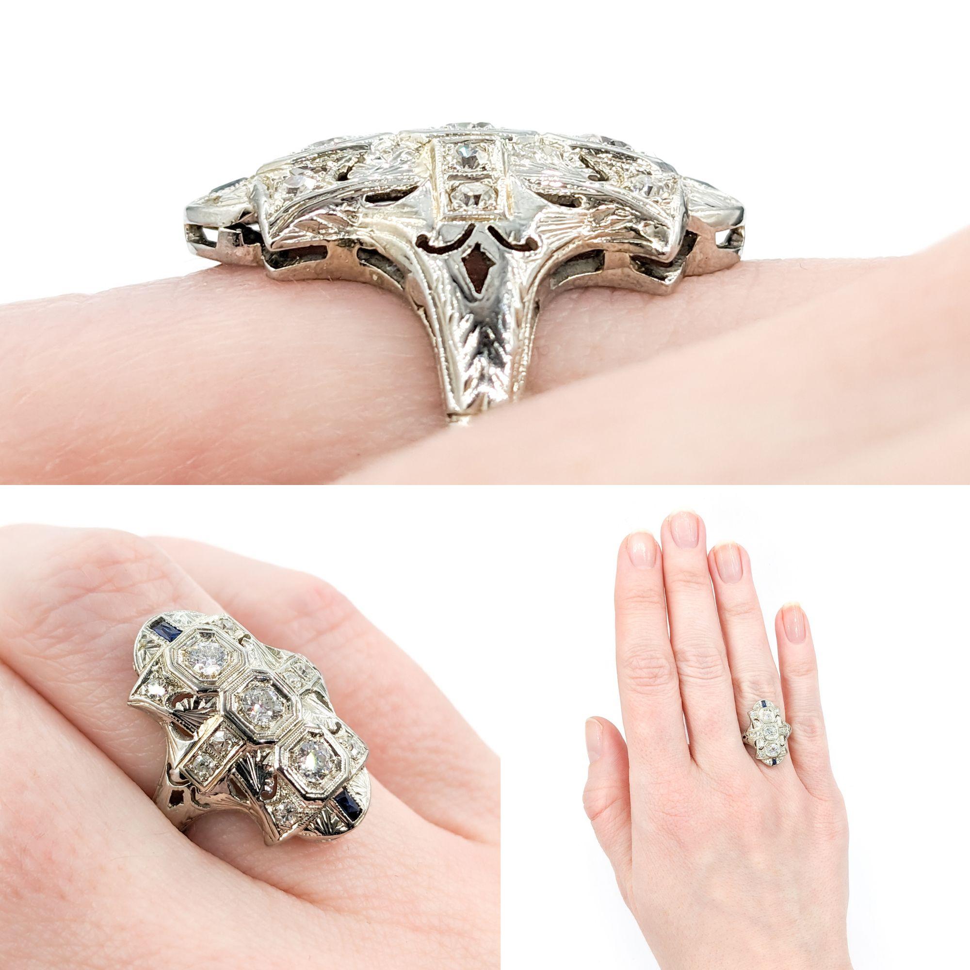 Women's .50ctw Old European Diamond & Sapphires Ring In White Gold