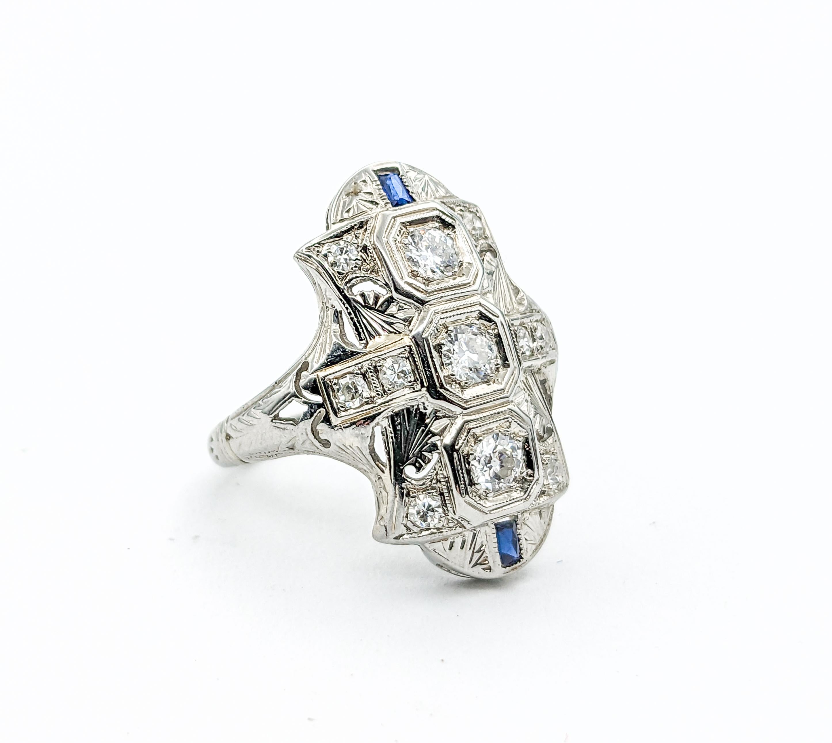 .50ctw Old European Diamond & Sapphires Ring In White Gold For Sale 1