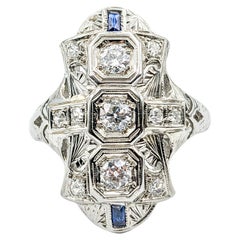 Antique .50ctw Old European Diamond & Sapphires Ring In White Gold