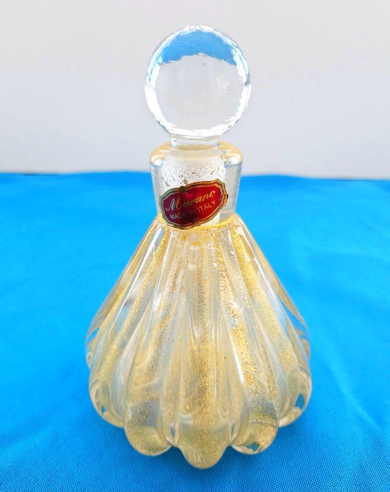 Italian 50s-60s Murano Glass Rigaree Perfume Bottle with Gold Polveri - Barovier & Toso For Sale