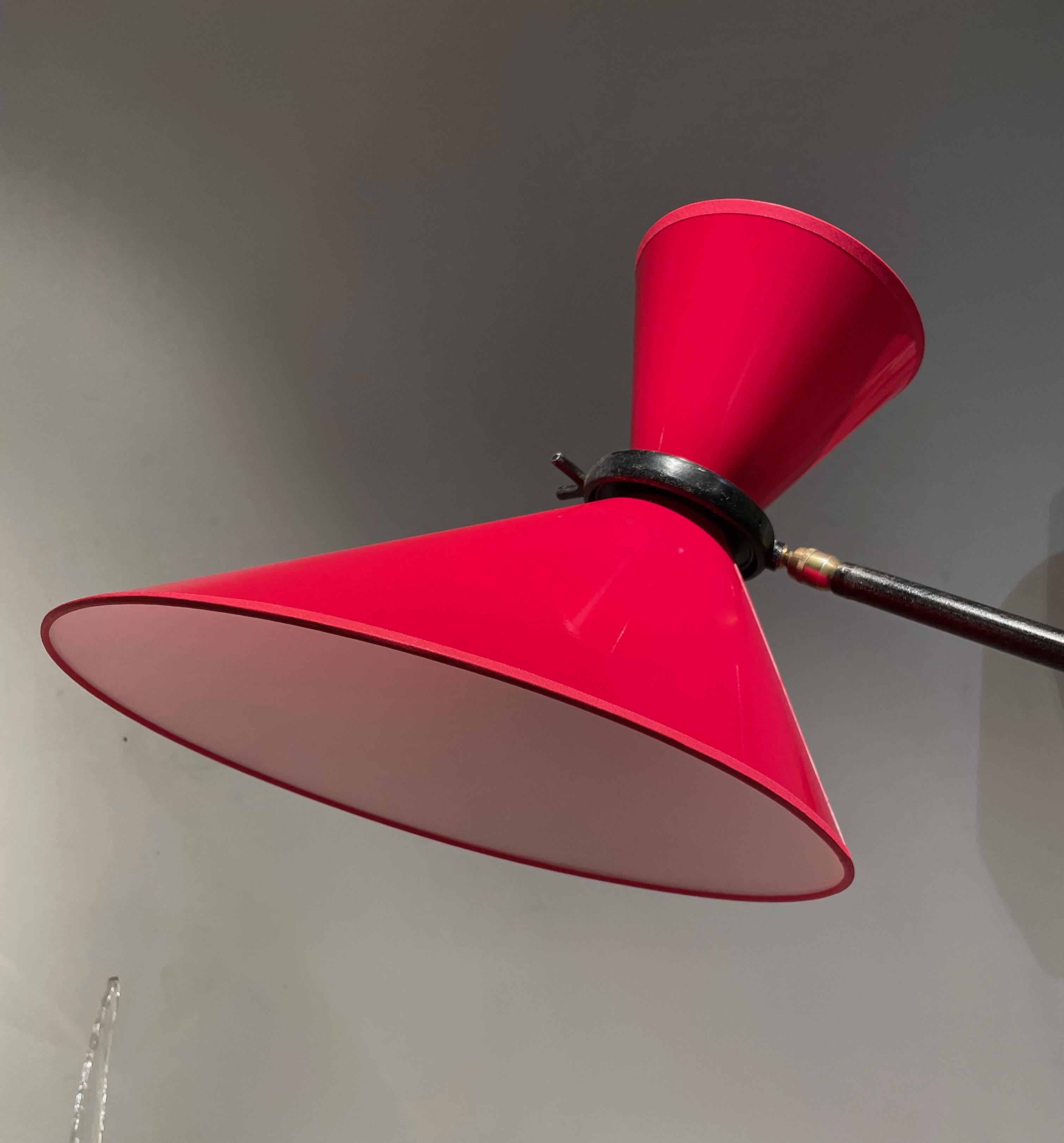 Mid-Century Modern 50's Adjustable Floor Lamp With Red Diabolo Shade by Maison Lunel, France 1954. For Sale