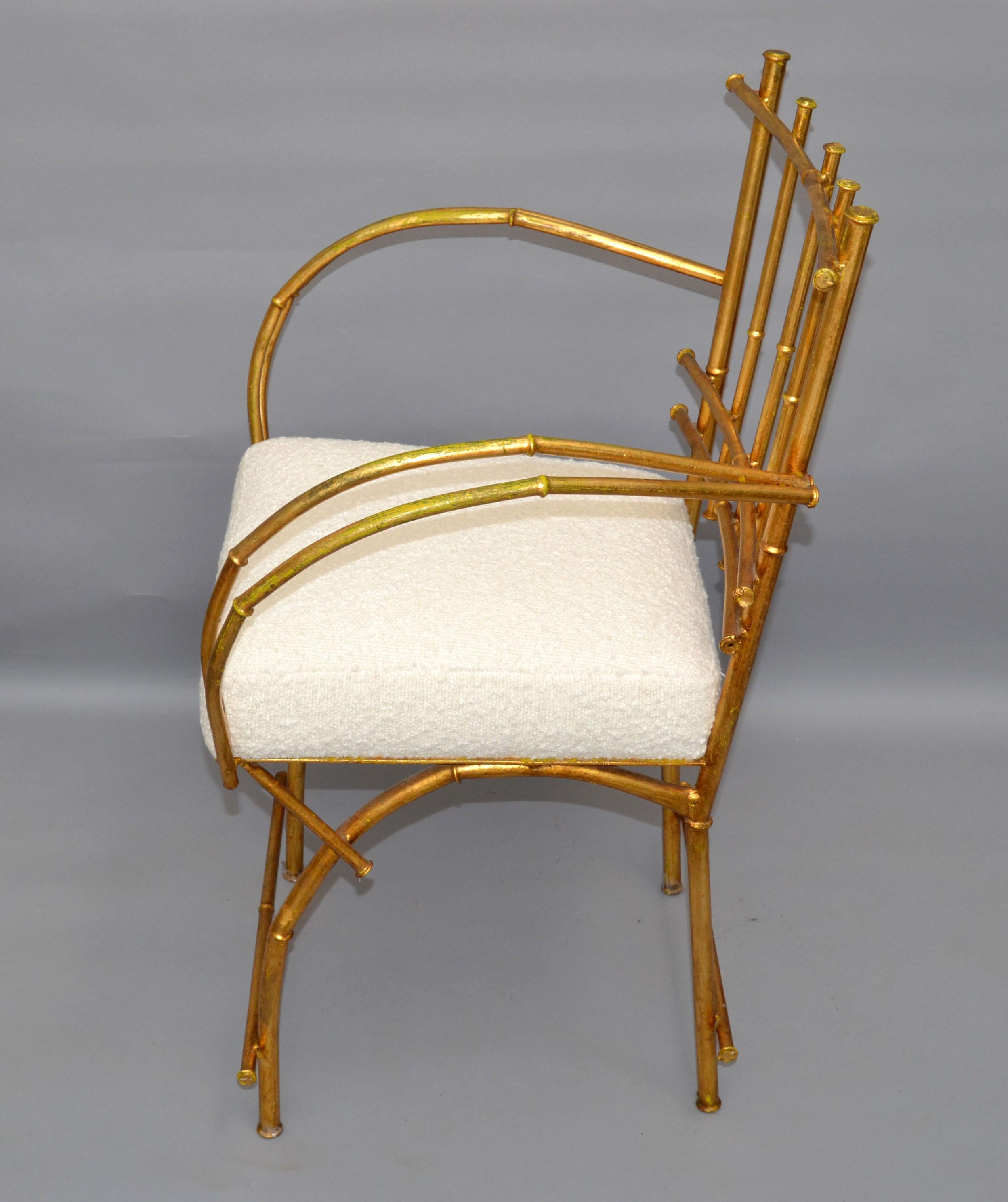 50s American Gilt Faux Bamboo Metal Arm / Vanity Chair Hollywood Regency Bouclé  For Sale 5