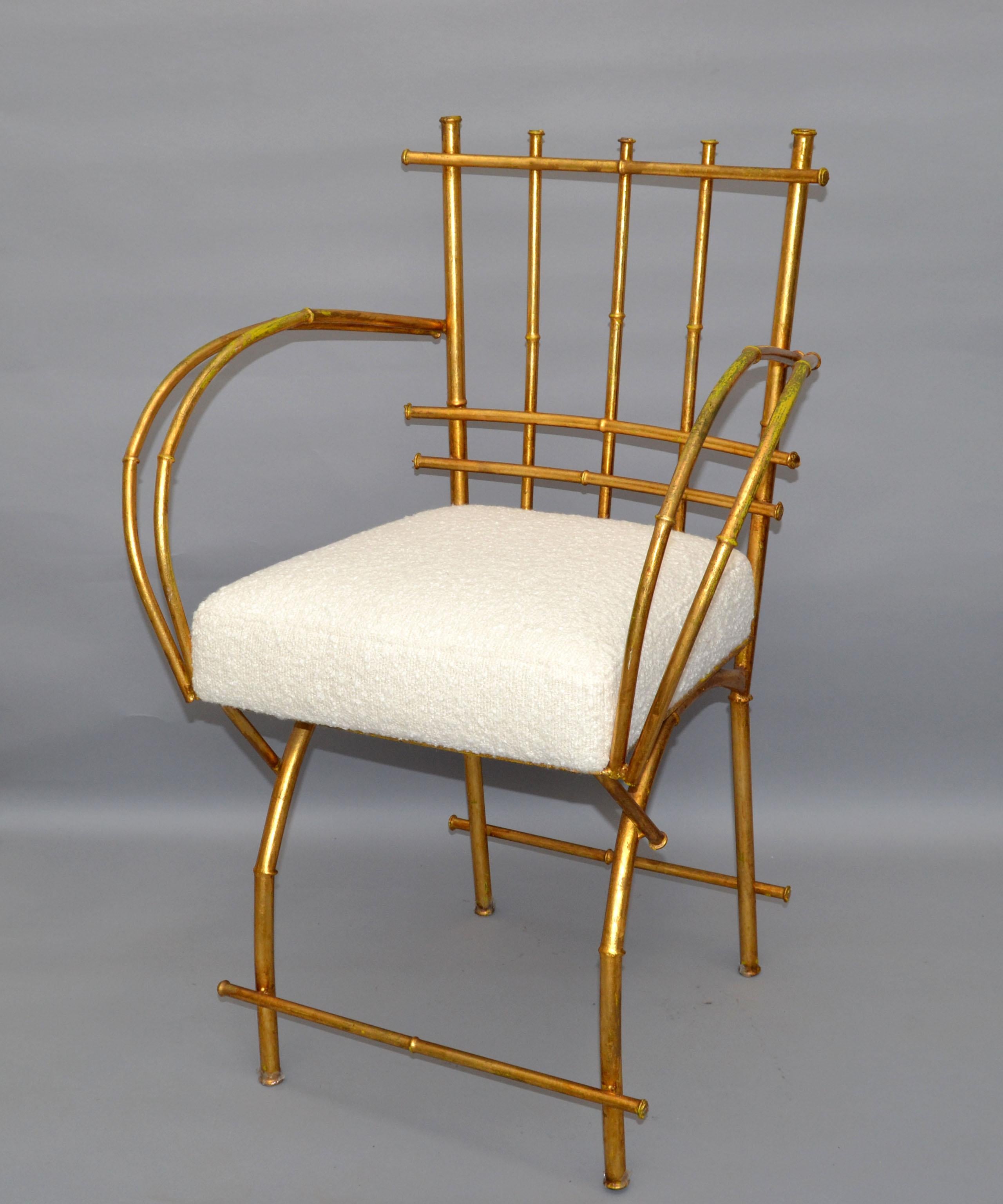 50s American Gilt Faux Bamboo Metal Arm / Vanity Chair Hollywood Regency Bouclé  For Sale 6