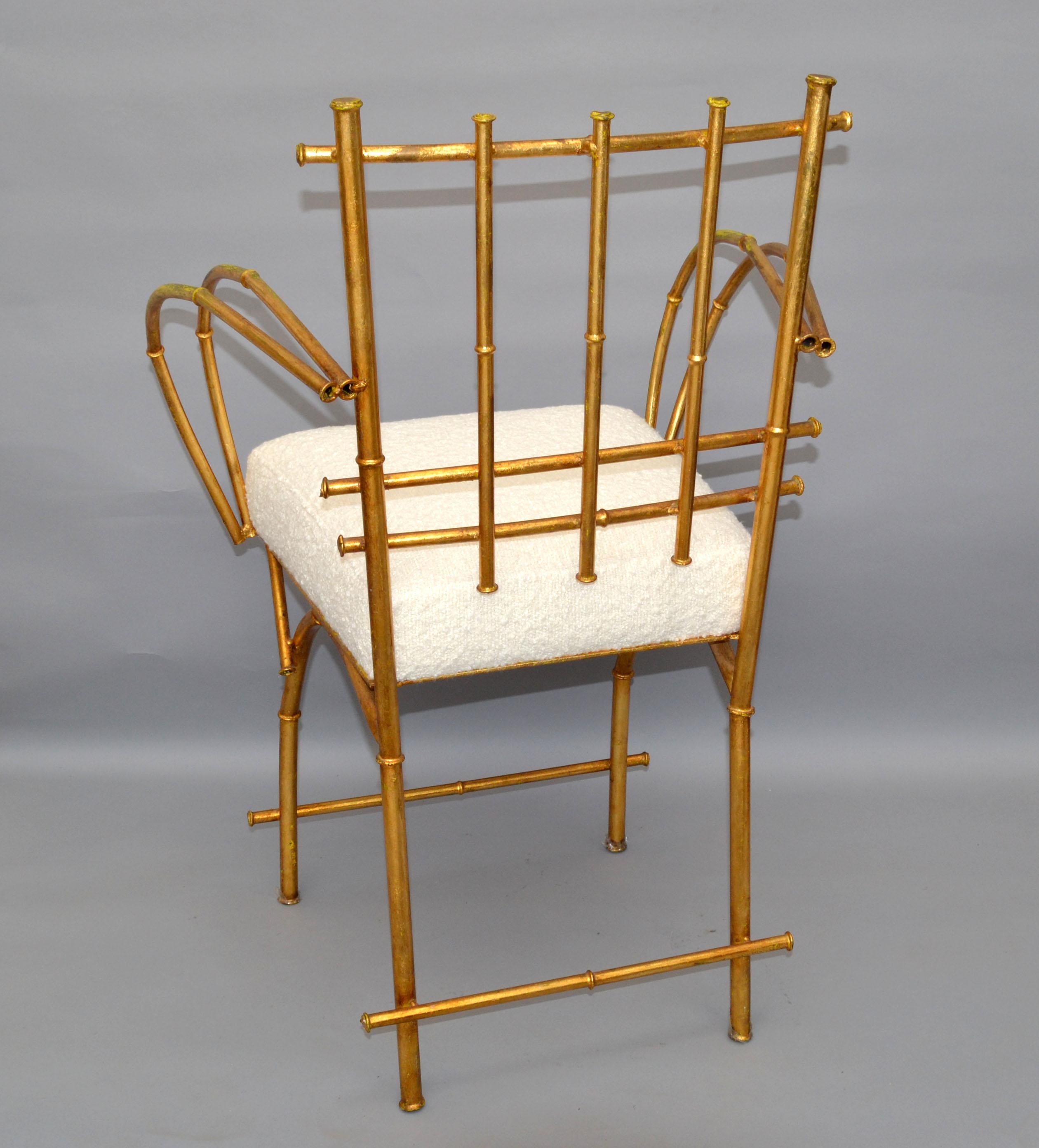 Mid-20th Century 50s American Gilt Faux Bamboo Metal Arm / Vanity Chair Hollywood Regency Bouclé  For Sale