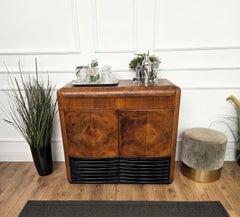 50s Art Deco Italian Radio Vynil Disc Walnut Burl Mirror Mosaic Dry Bar Cabinet