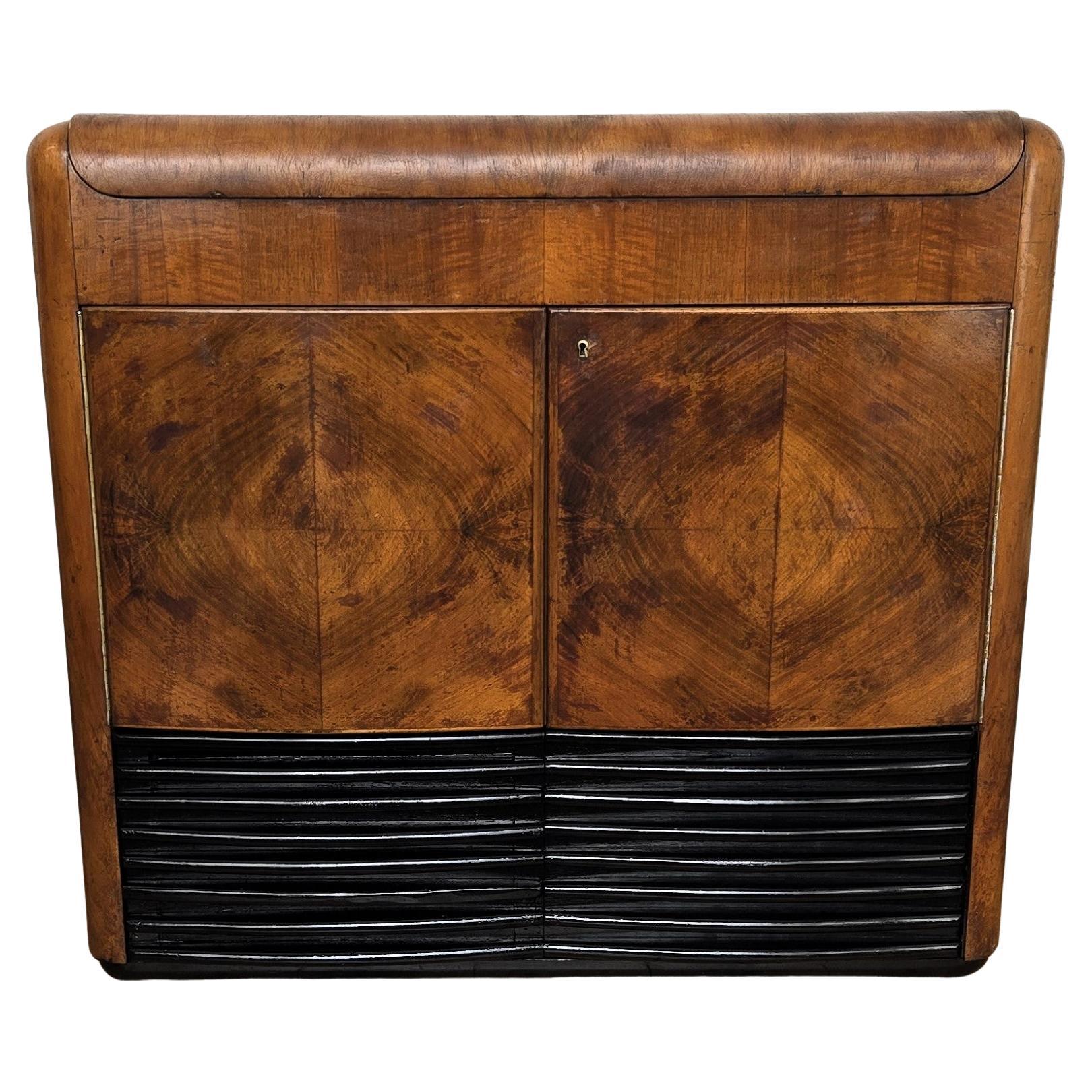 50s Art Deco Italian Radio Vynil Disc Walnut Burl Mirror Mosaic Dry Bar Cabinet