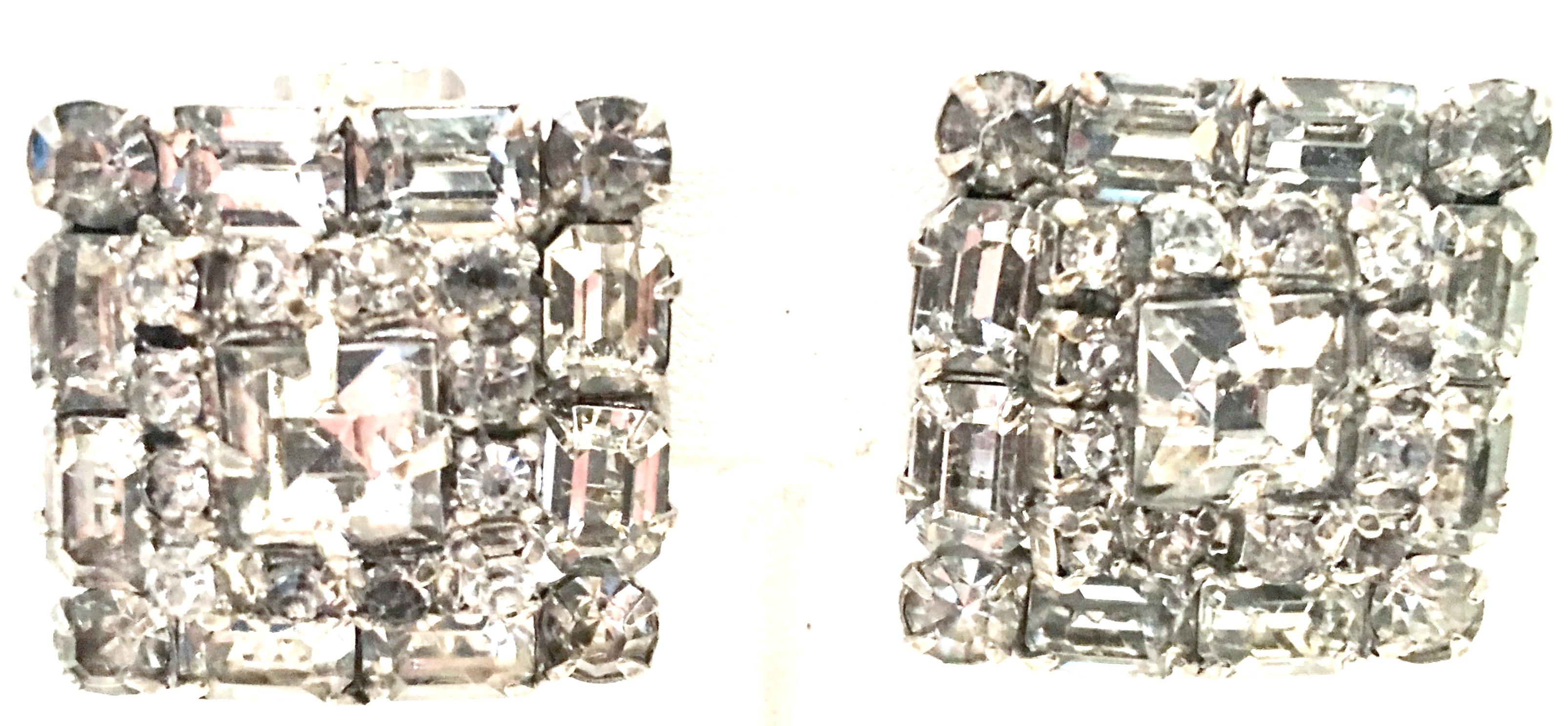 Mid-Century Pair Of Art Deco Silver & Austrian Crystal Rhinestone Earrings In Good Condition For Sale In West Palm Beach, FL