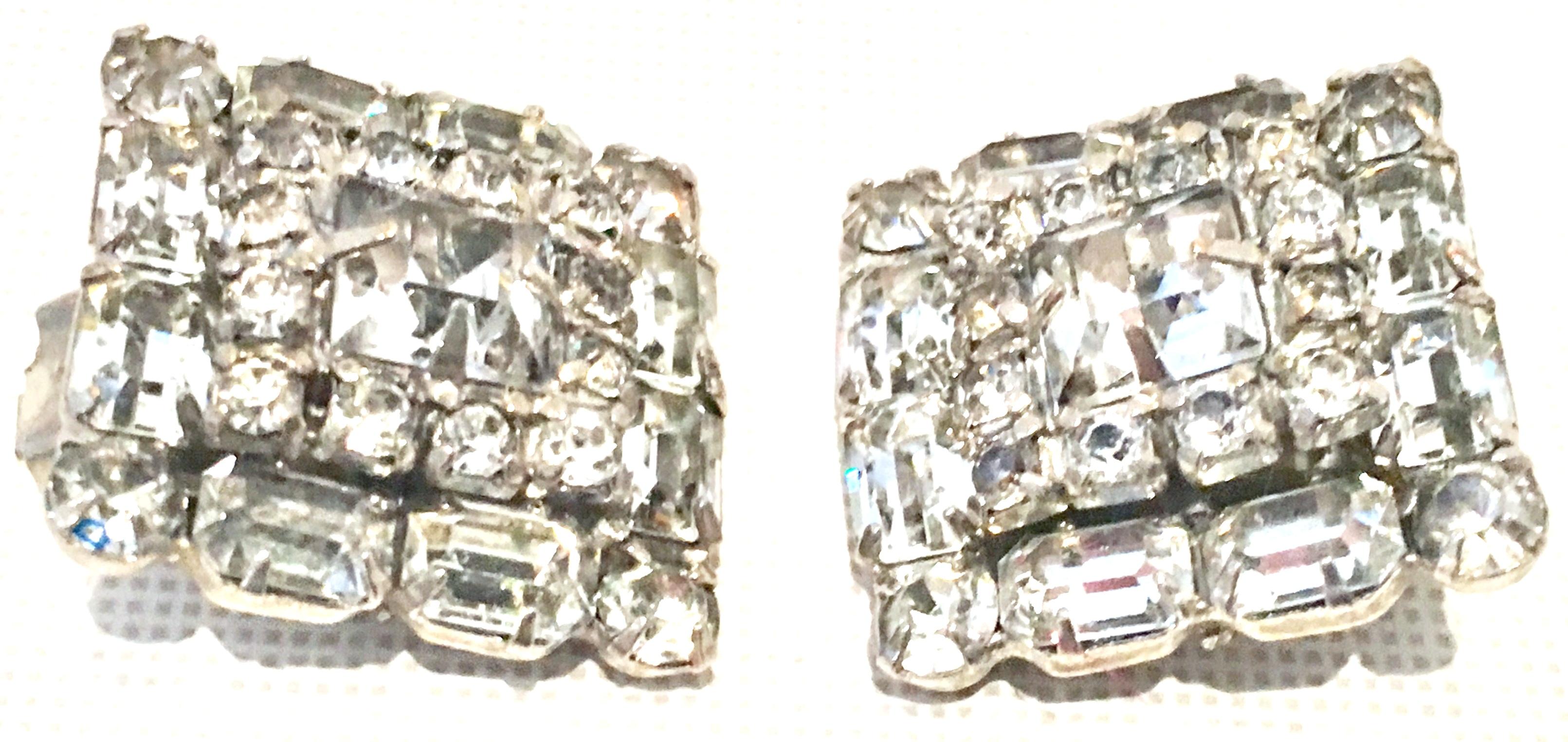 Women's or Men's Mid-Century Pair Of Art Deco Silver & Austrian Crystal Rhinestone Earrings For Sale