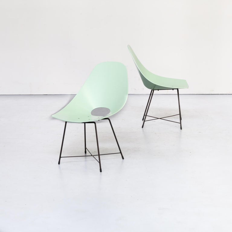 One set of two chairs designed by Augusto Bozzi based on a thin metal frame and green lacquered bucket seat. Good condition consistent with age and use.