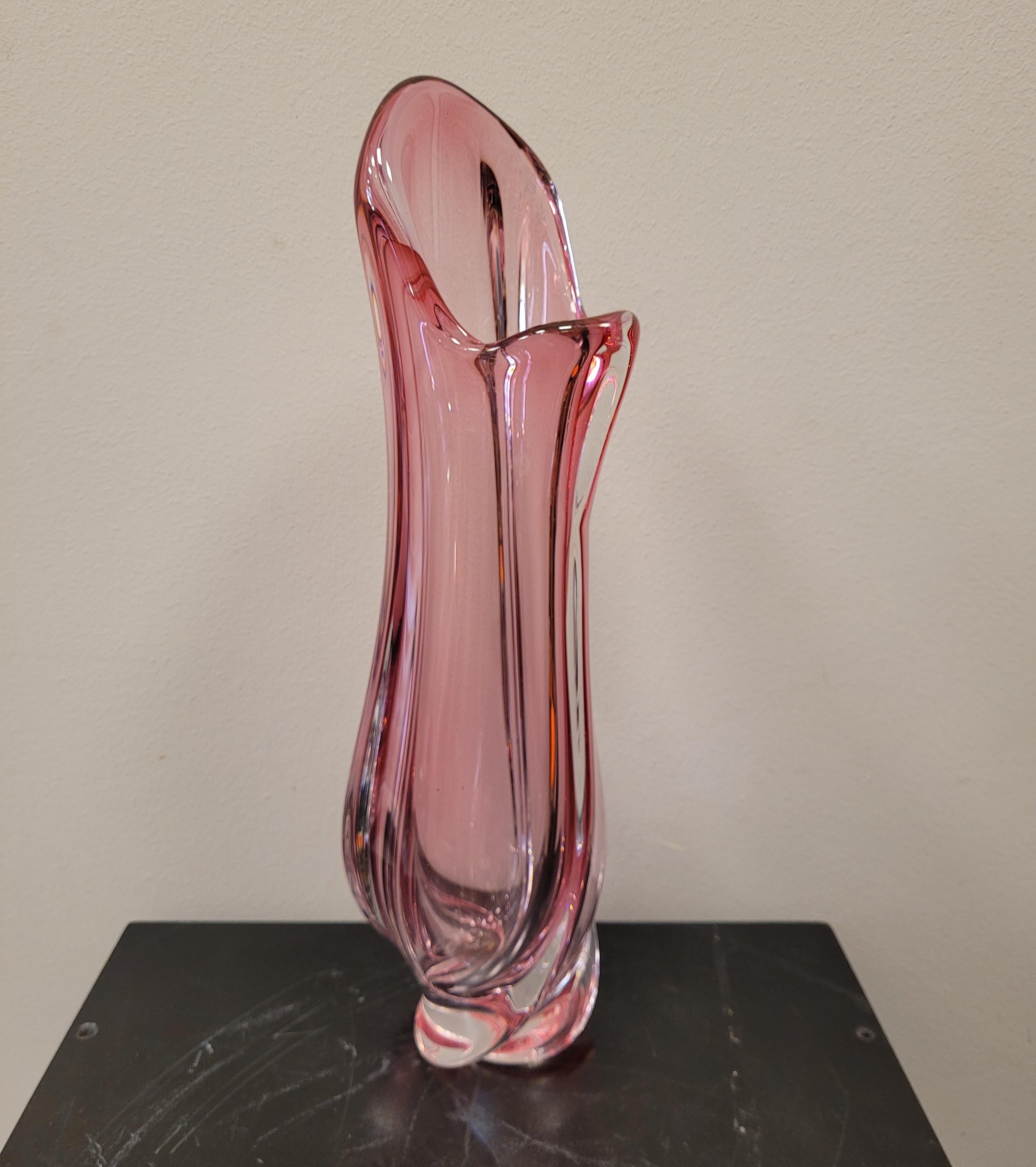 50s Belgium Val Saint Lambert great pink crystal Vase Signed For Sale 7