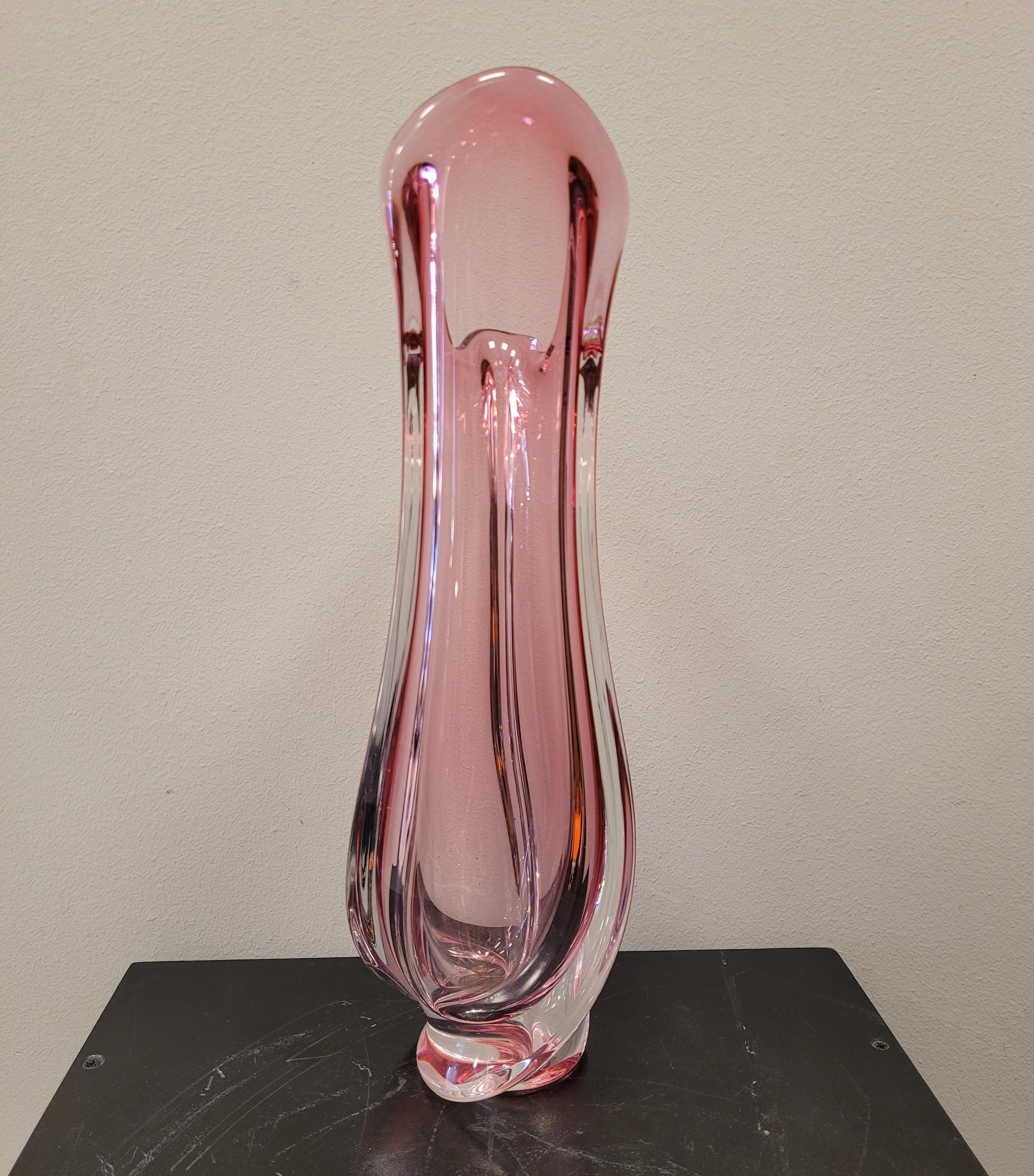 French 50s Belgium Val Saint Lambert great pink crystal Vase Signed For Sale