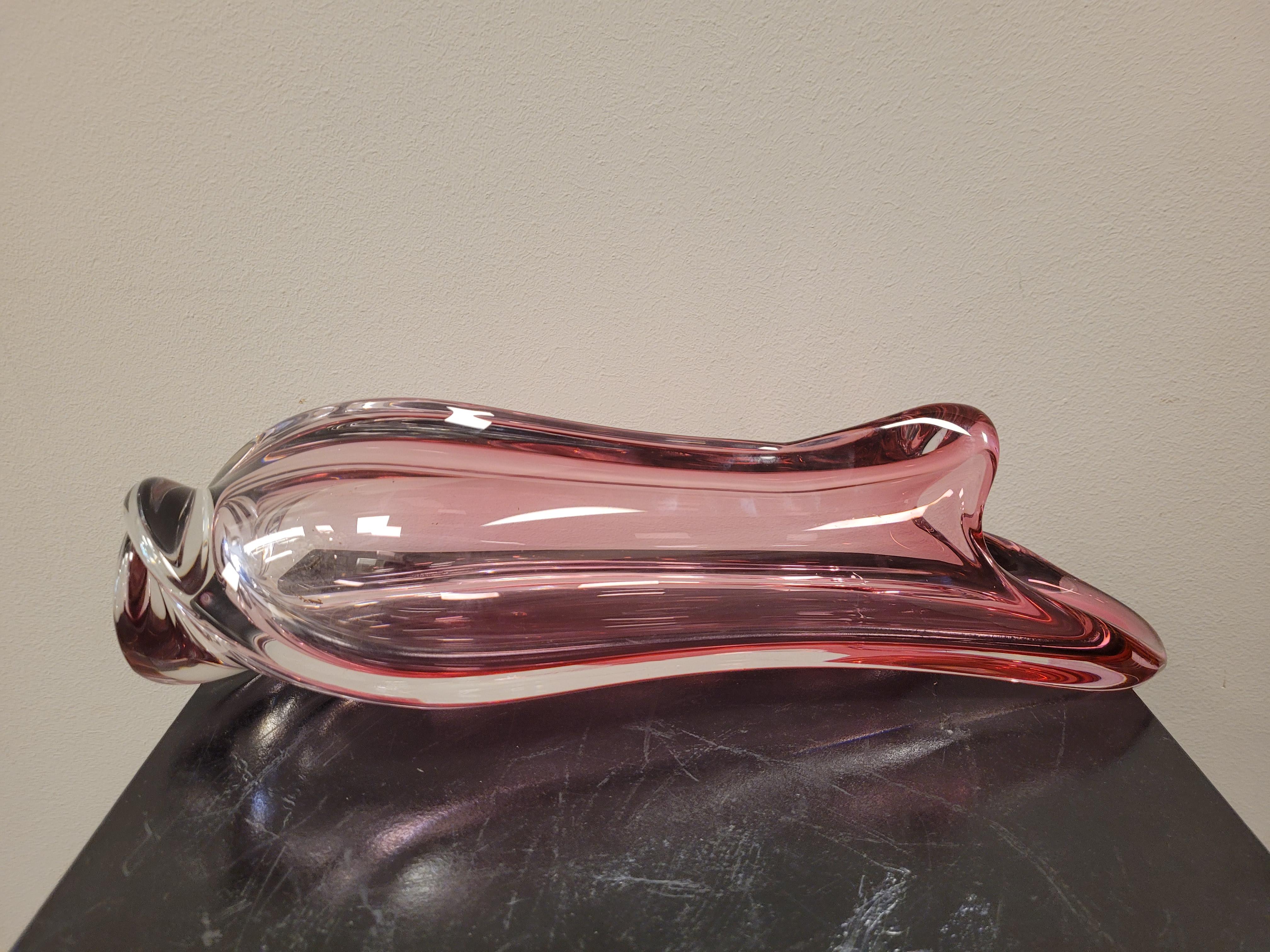 Hand-Crafted 50s Belgium Val Saint Lambert great pink crystal Vase Signed For Sale