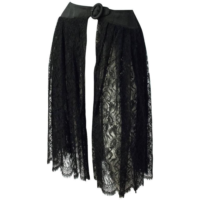50s Black Lace Belted Hostess Skirt In Fair Condition For Sale In San Francisco, CA