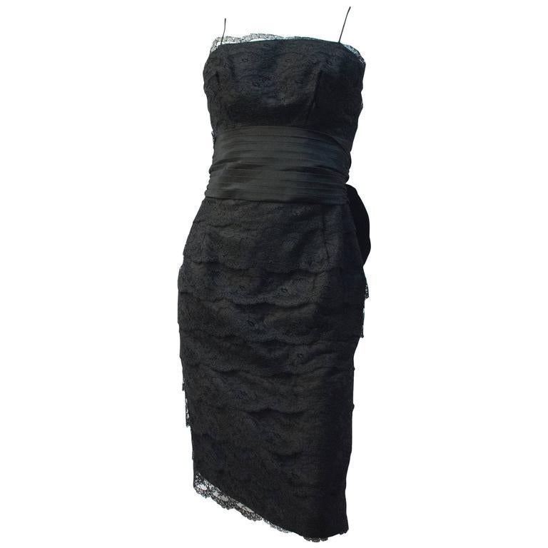 Women's 50s Black Lace Tiered Dress with Back Bow  For Sale