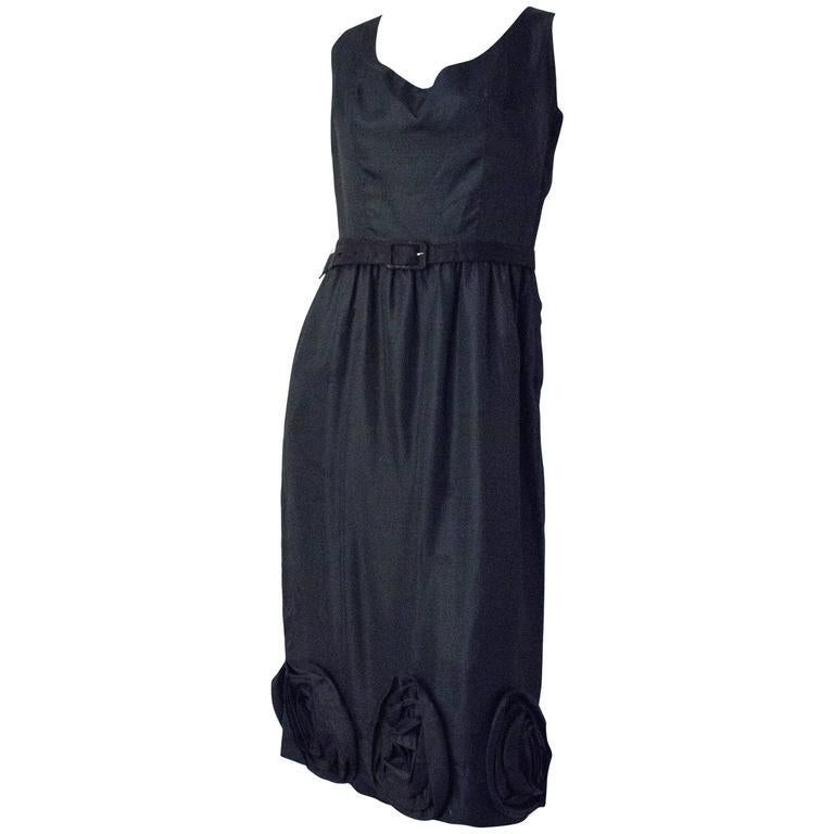 50s Black Silk Rose Dress For Sale 1