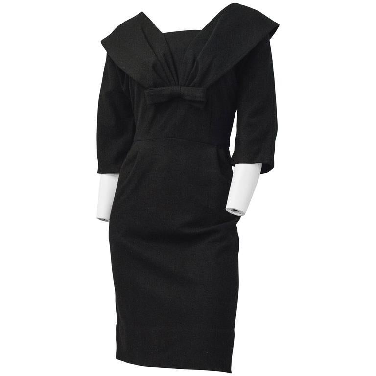 Women's 50s Black Wool Dress w/ Bow
