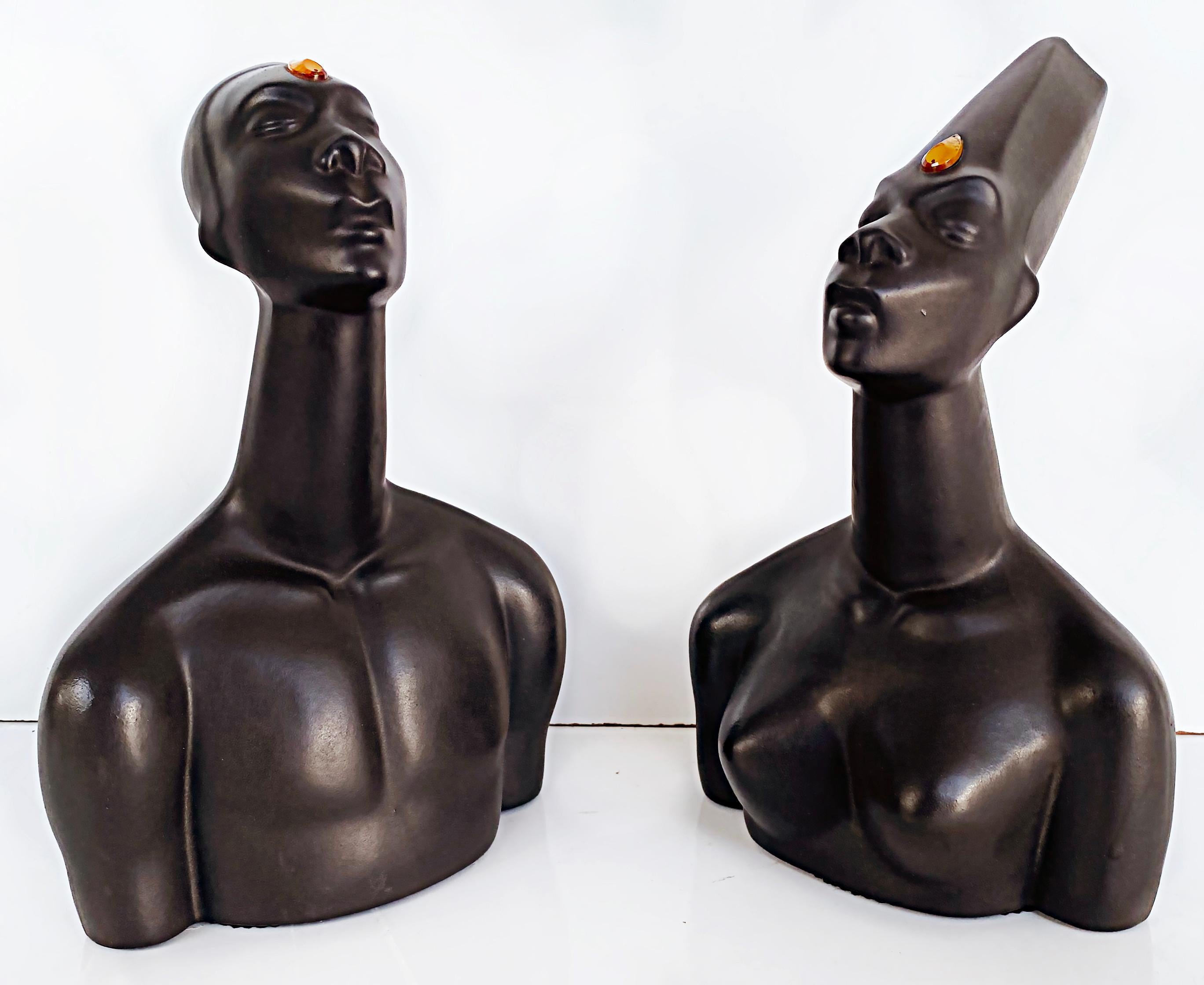 American 50s California Modern Brayton Laguna Pottery African Busts Male, Female For Sale
