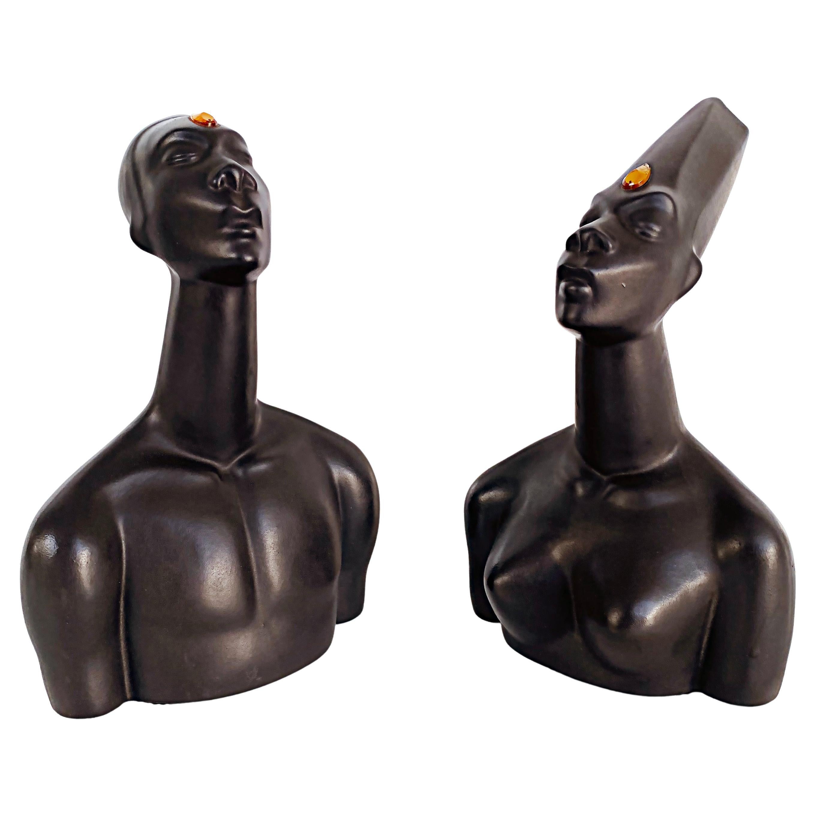 50s California Modern Brayton Laguna Pottery African Busts Male, Female For Sale
